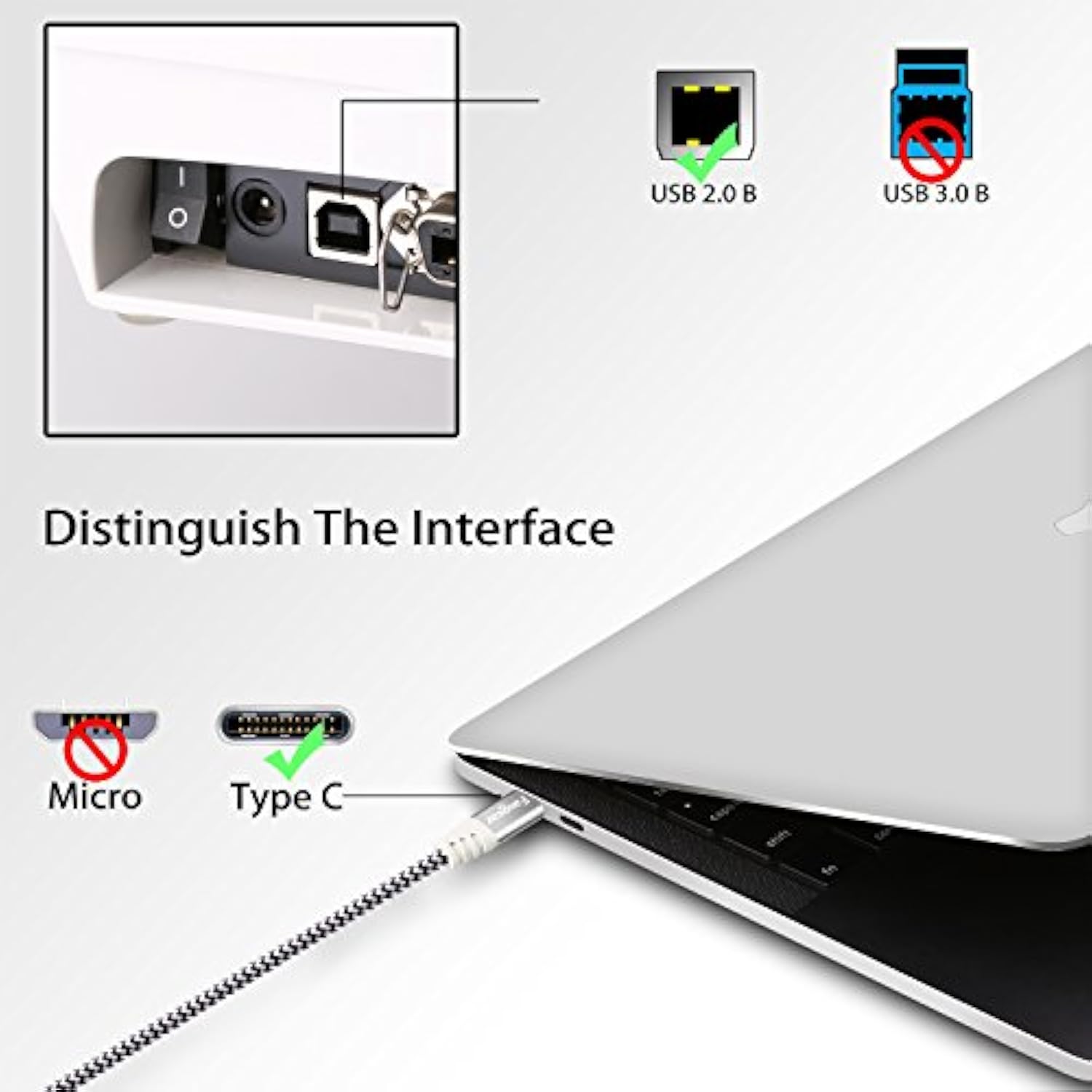 6Ft Usb C To Usb B Cable Nylon Braided Printer Scanner Cord With Metal Connector Compatible With Macbook Pro, Aio, Brother, Hp, Canon, Samsung Printers, And More (1.8M, Gray)