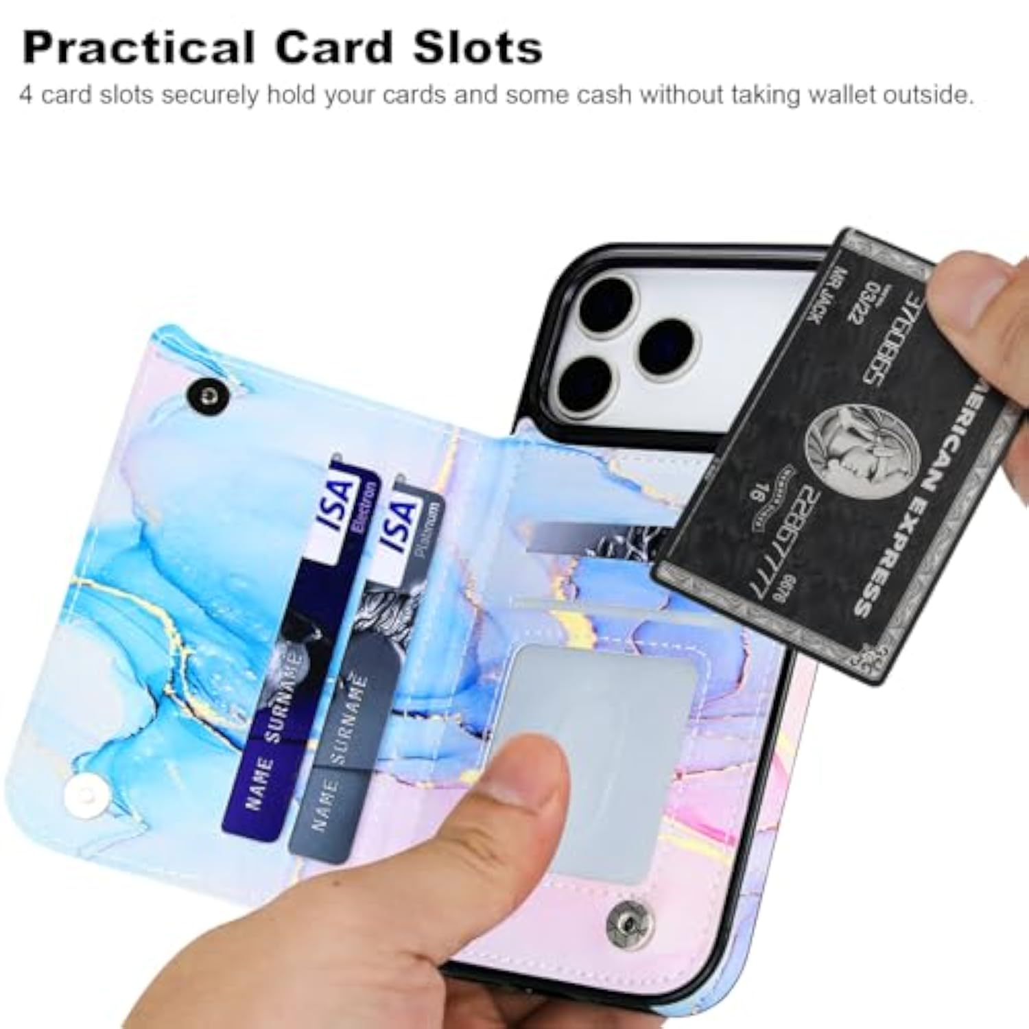 Wallet Case Card Holder for iPhone 17 Pro Max, Pink Blue Marble
