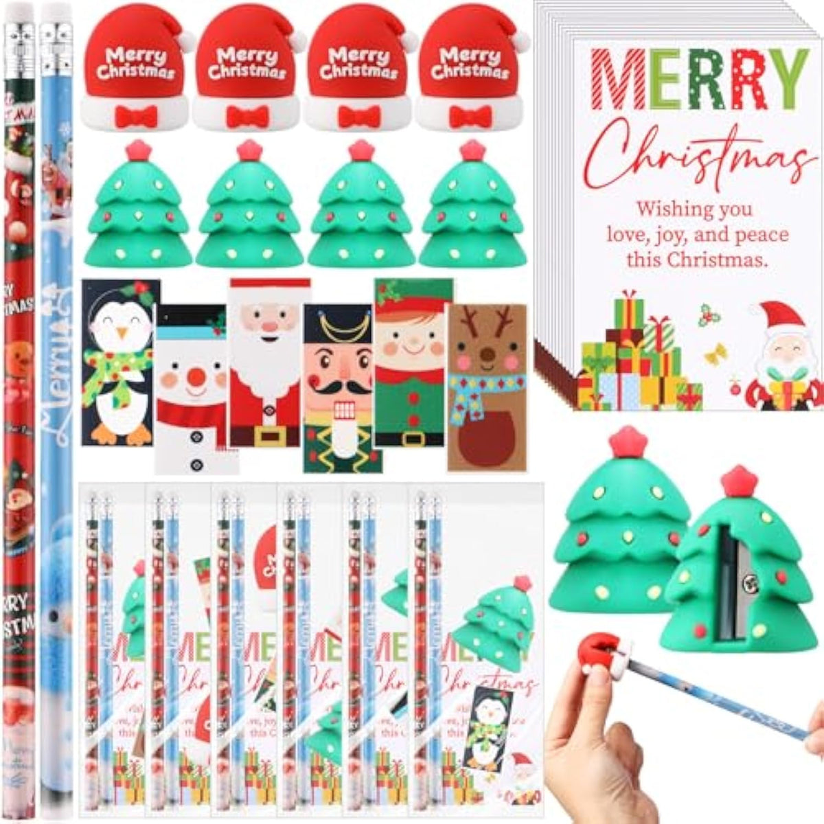 144 Pcs Christmas Stationery Party Favors Bulk For Students Xmas Gift Including Christmas Tree Santa Hat Sharpener Pencil Eraser With Card Bags For Stocking Stuffers Classroom Gift Exchange
