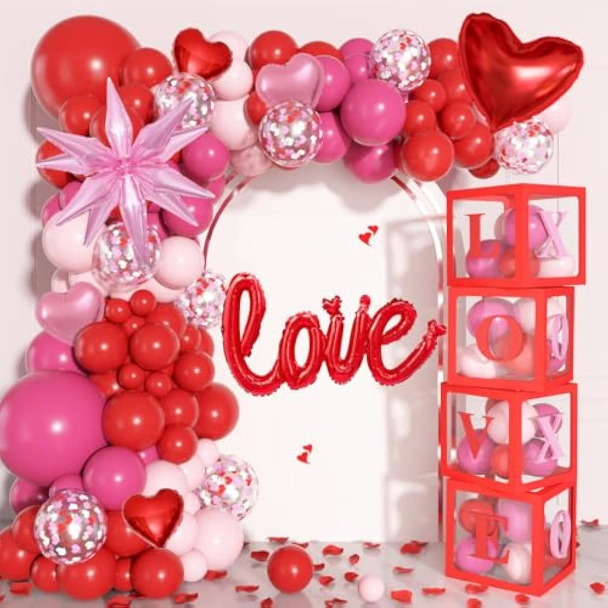 170Pcs Valentines Day Balloons Arch Garland Kit, Pink Red Valentines Day Party Decorations, Boxes With Letters Xoxo Love Stars Foil Balloon For Women Girls Valentine'S Wedding Engagement