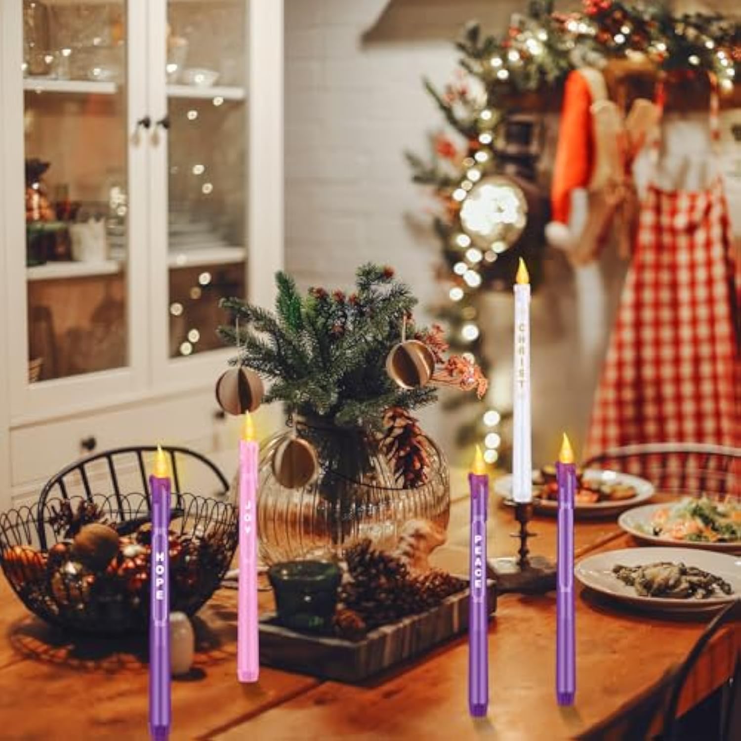 5 Pieces Led Flameless Advent Candle Set Christmas Battery Operated Candles With Words Hope Peace Joy Tall Catholic Pink White Purple Taper Candles For Church Advent Wreath Rituals