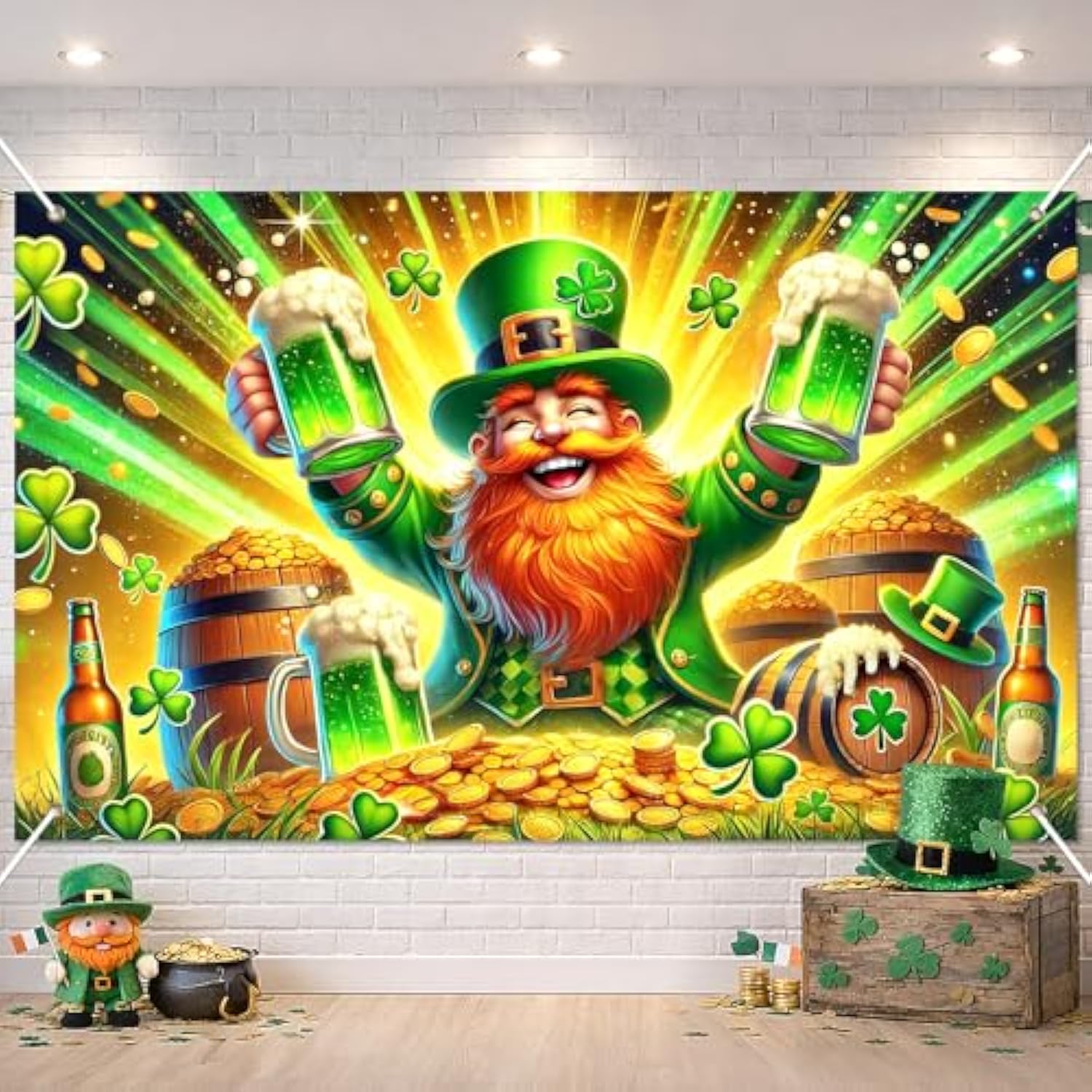 St. Patrick’S Day Banner Green Party Banner Backdrop With Irish Style Character Clover Gold Coins Celebration Banner For Happy St. Patrick’S Day Decorations Photo Background Wall Hanging 71X43 Inch