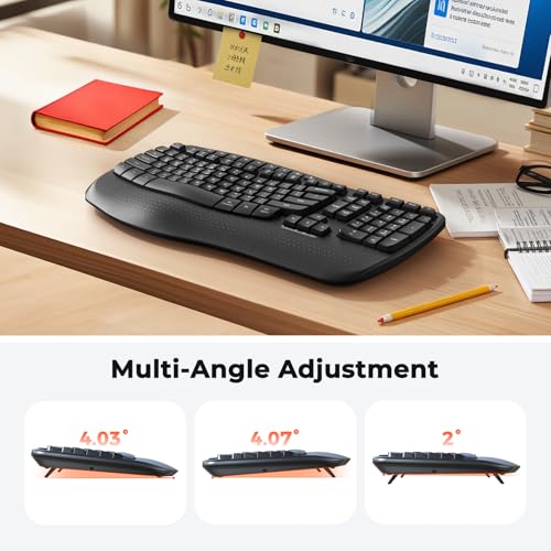 Wireless Ergonomic Keyboard, Wave Keys Firm Wrist Rest For Natural Typing, 2.4G Usb-A Cordless Receiver And Usb-C Adapter, Ergo Computer Keyboard Compatible With Windows/Mac/Pc/Laptop, Black