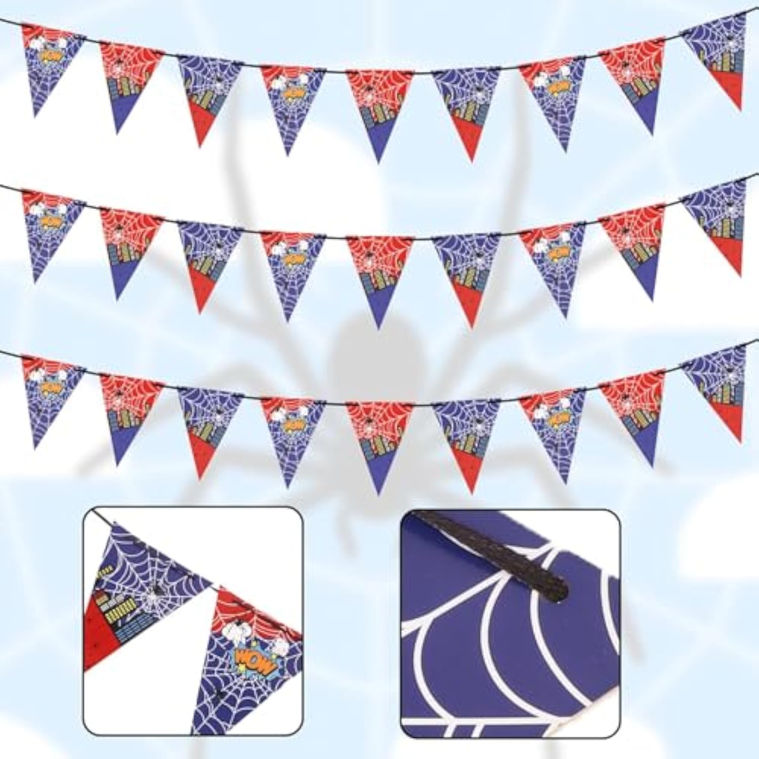 3Pcs Spider Theme Birthday Banner, Pre-Strung Spider Web Pennant Triangle Flags Anime Cartoon Hanging Garland Bunting Decorations For Boys Kids Baby Shower Birthday Party Backdrop Supplies
