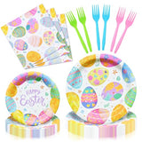 96 Pieces Easter Tableware Set Party Supplies - Happy Easter Colorful Eggs Pattern Disposable Paper Plates, Napkins, Forks Dinnerware for Spring Celebrations, Picnics, Serves 24 Guests