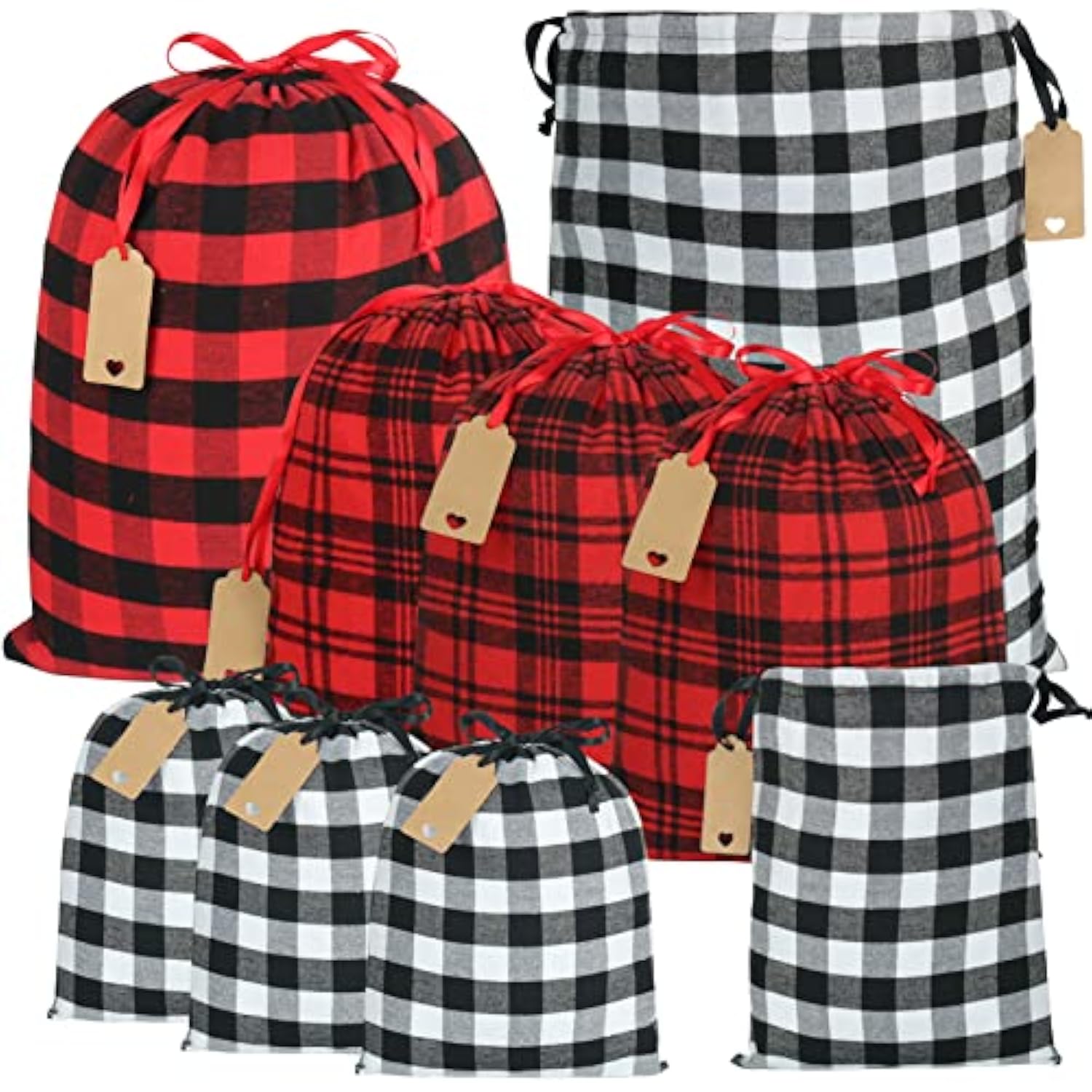 Buffalo Plaid Drawstring Bags, 9Pcs Soft Flannel Christmas Gift Bags Assorted Sizes Xmas Fabric Bags Reusable Gift Bags For Package Birthday Holiday Party(Red&Black)