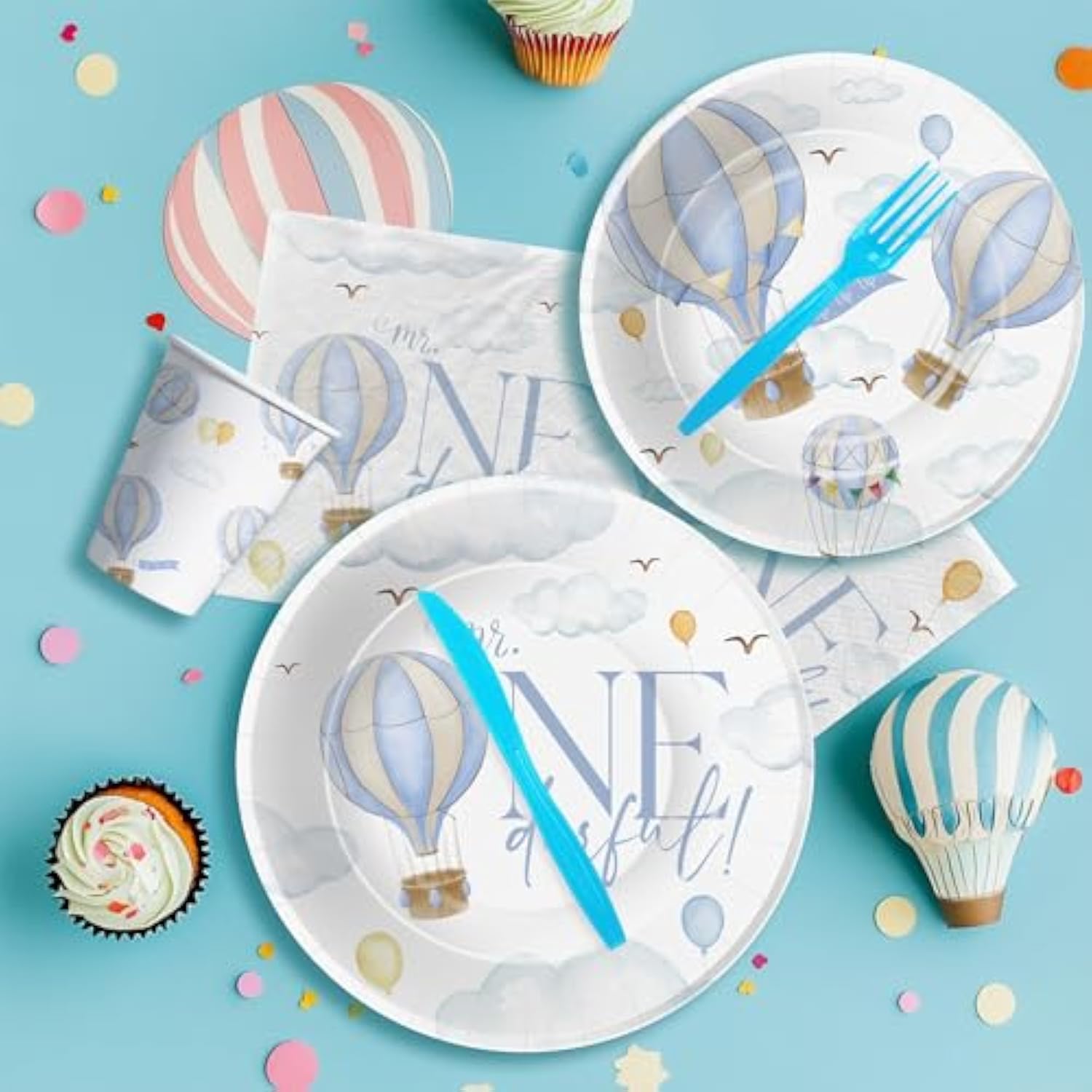 Hot Air Balloon 1St Birthday Party Supplies Boy, Mr Onederful Birthday Decorations, Plate, Napkin, Cup, Cutlery, Blue Hot Air Balloon First Birthday Party Decorations For 24 Guests