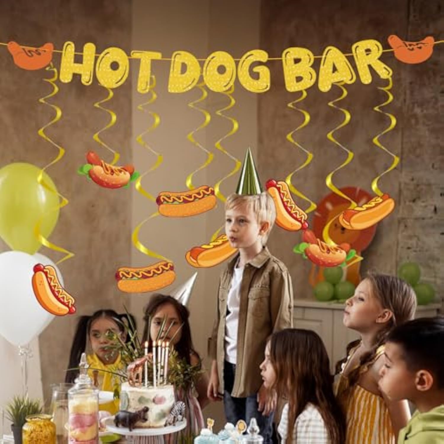 9 Pcs Hotdog Bar Glitter Banner & Hanging Swirls for Sausage Food Party Decor