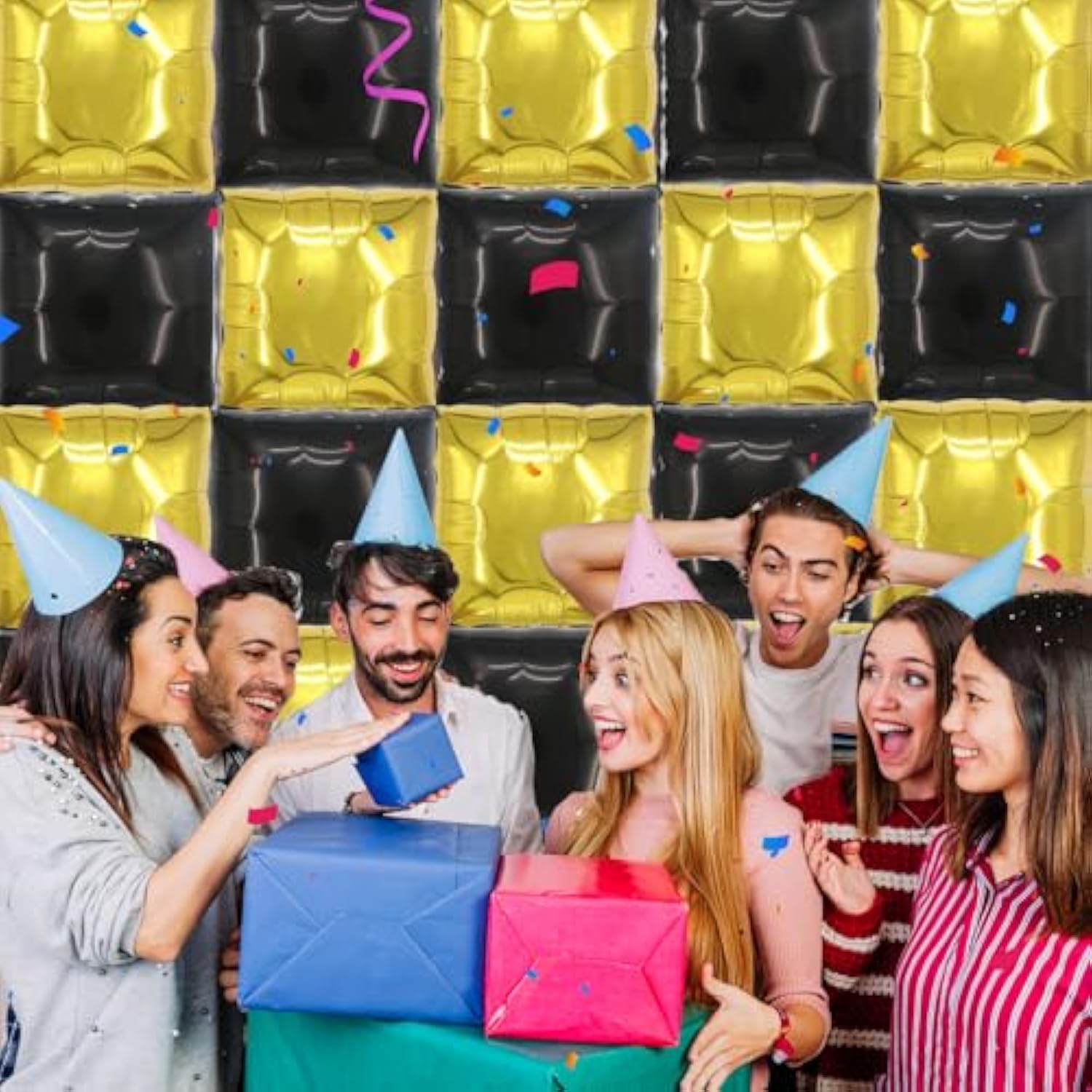 Square Aluminum Foil Balloon Wall Backdrop, 25 Pieces Gold And Black Double-Sided Balloon Arch Kit, Suitable For Theme Parties, Weddings, Anniversaries And Other Celebration Decorations