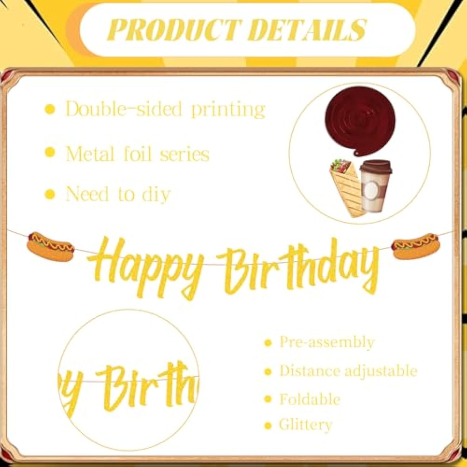 Fast Food Birthday Party Decorations, 10Pcs Glitter Happy Birthday Banner And Hanging Swirls Decoration Pizza Hamburger Hot Dog Decor French Fries Popcorn Donuts Themed Party Supplies