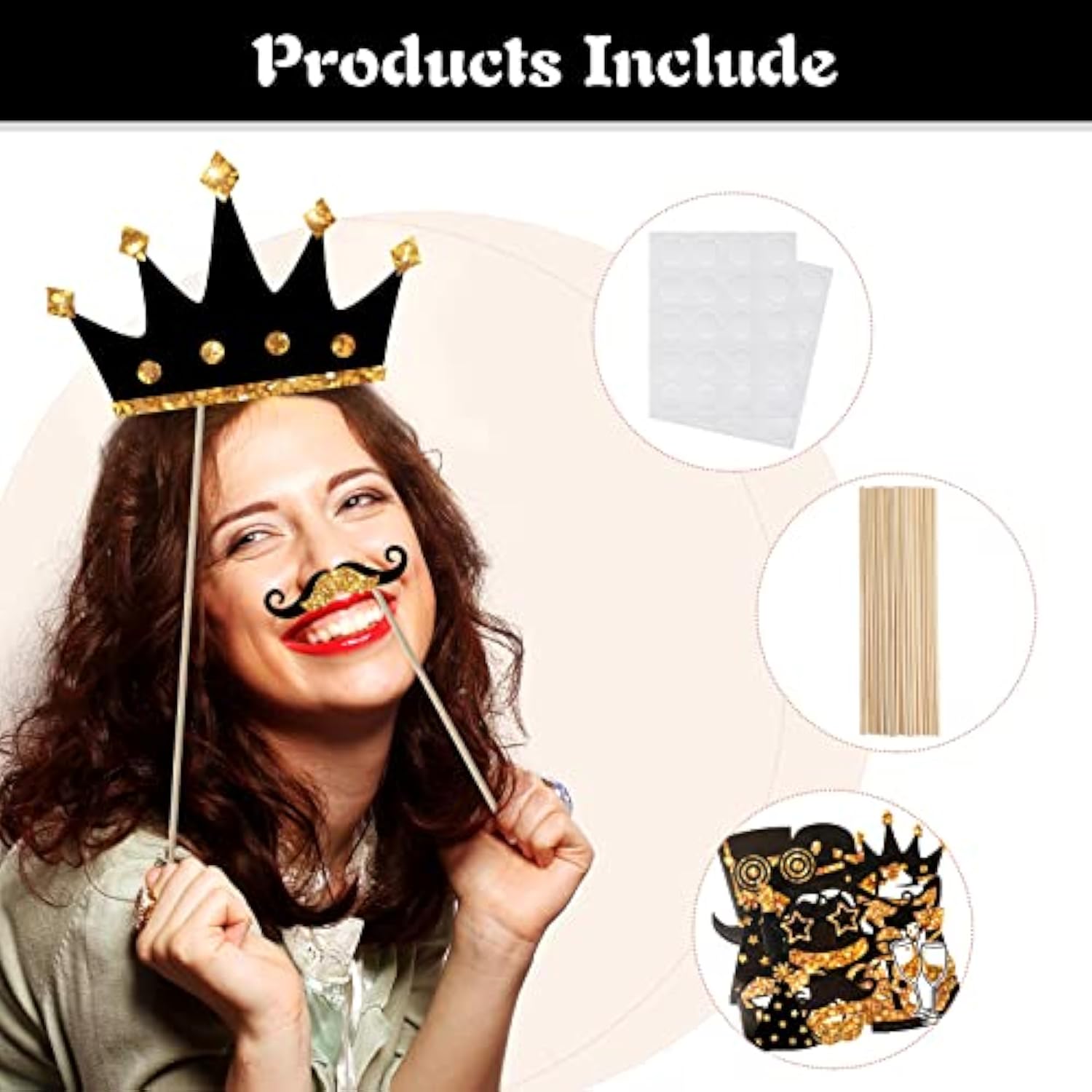 24 Pieces Funny Photo Booth Props For Birthday Weddings Graduation Party Supplies Prom Disco Mardi Gras Party Supplies Mix Of Hats, Lipstick, Tie, Crowns(Golden)