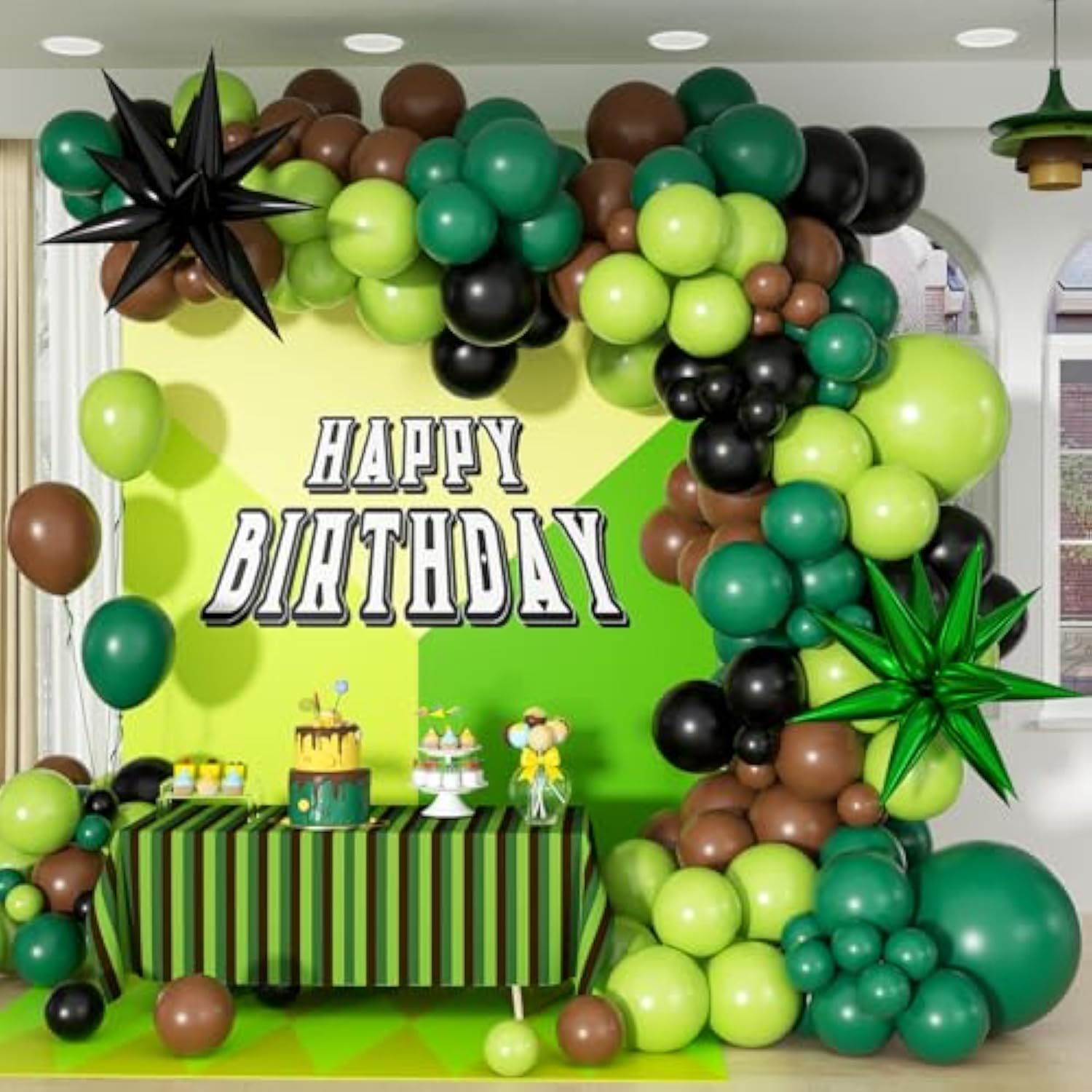 Green And Brown Balloon Arch Garland Kit With Brown Black Dark Lime Green Balloons For Jungle Video Game Theme Baby Shower Birthday Party Decorations