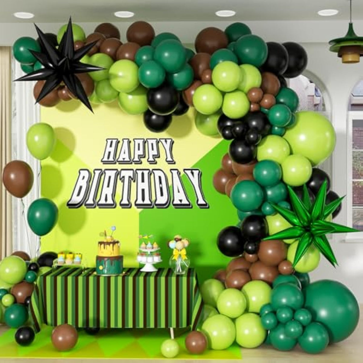 Green And Brown Balloon Arch Garland Kit With Brown Black Dark Lime Green Balloons For Jungle Video Game Theme Baby Shower Birthday Party Decorations