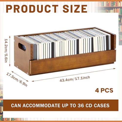 4 Set Wooden CD Storage Box Holder Shelf Cassette Tape Display Racks with Carrying Handles, Organizer Shelf for Movie Cases, DVDs, Each Set Can Store