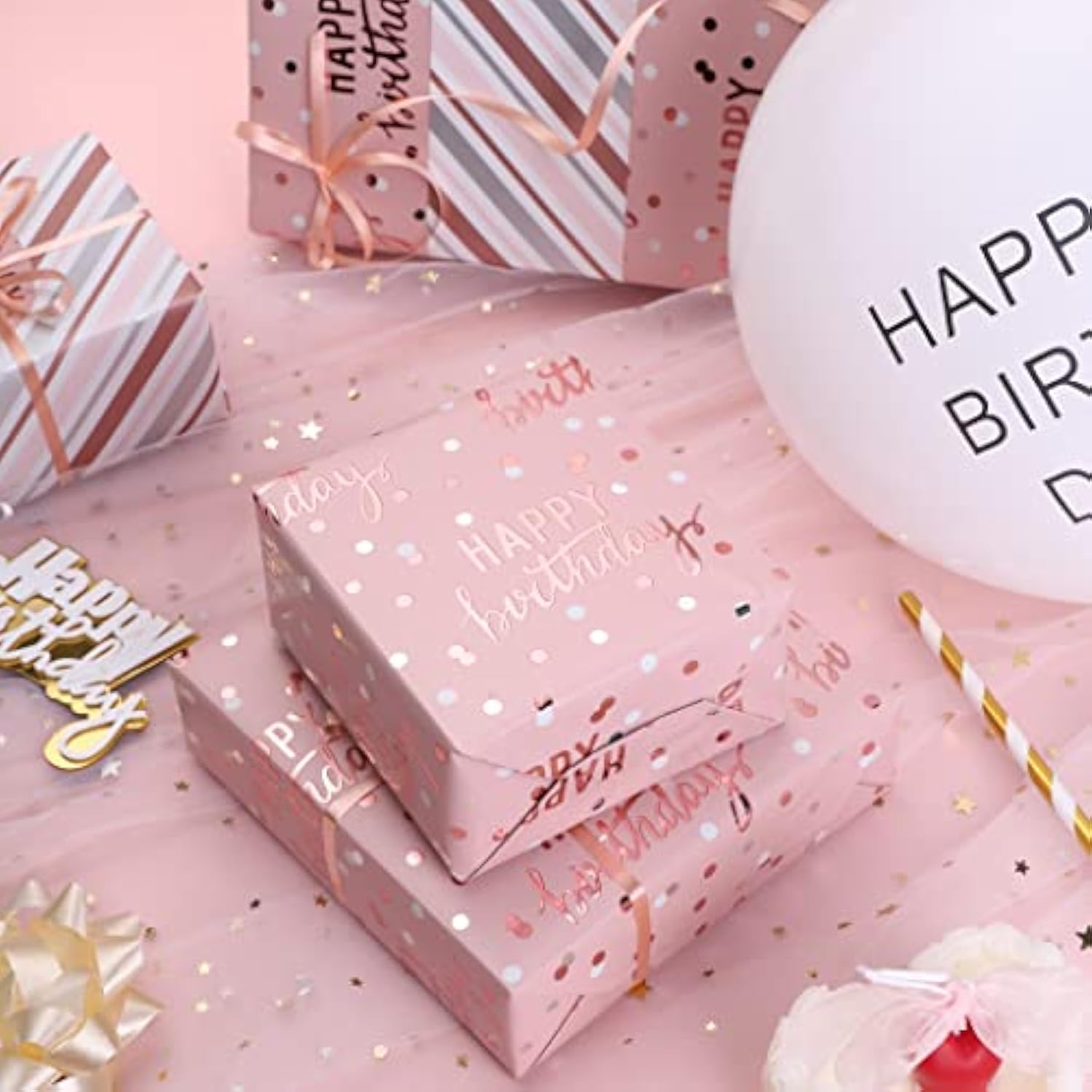 Reversible Pink Birthday Wrapping Paper - 17" x 32.8' with Foil Lettering