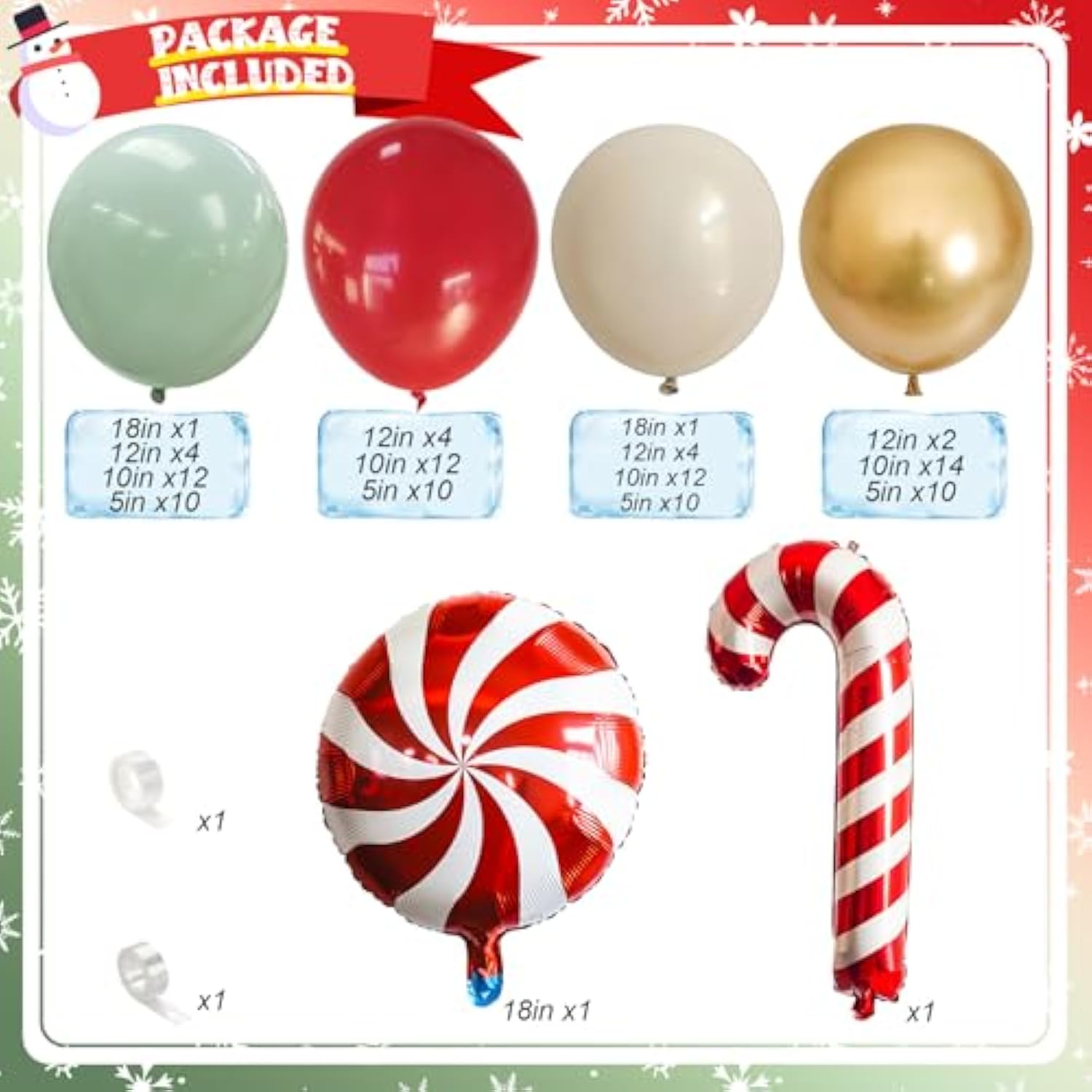 Red, Green & Gold Christmas Balloon Arch Kit with Candy Cane Foils