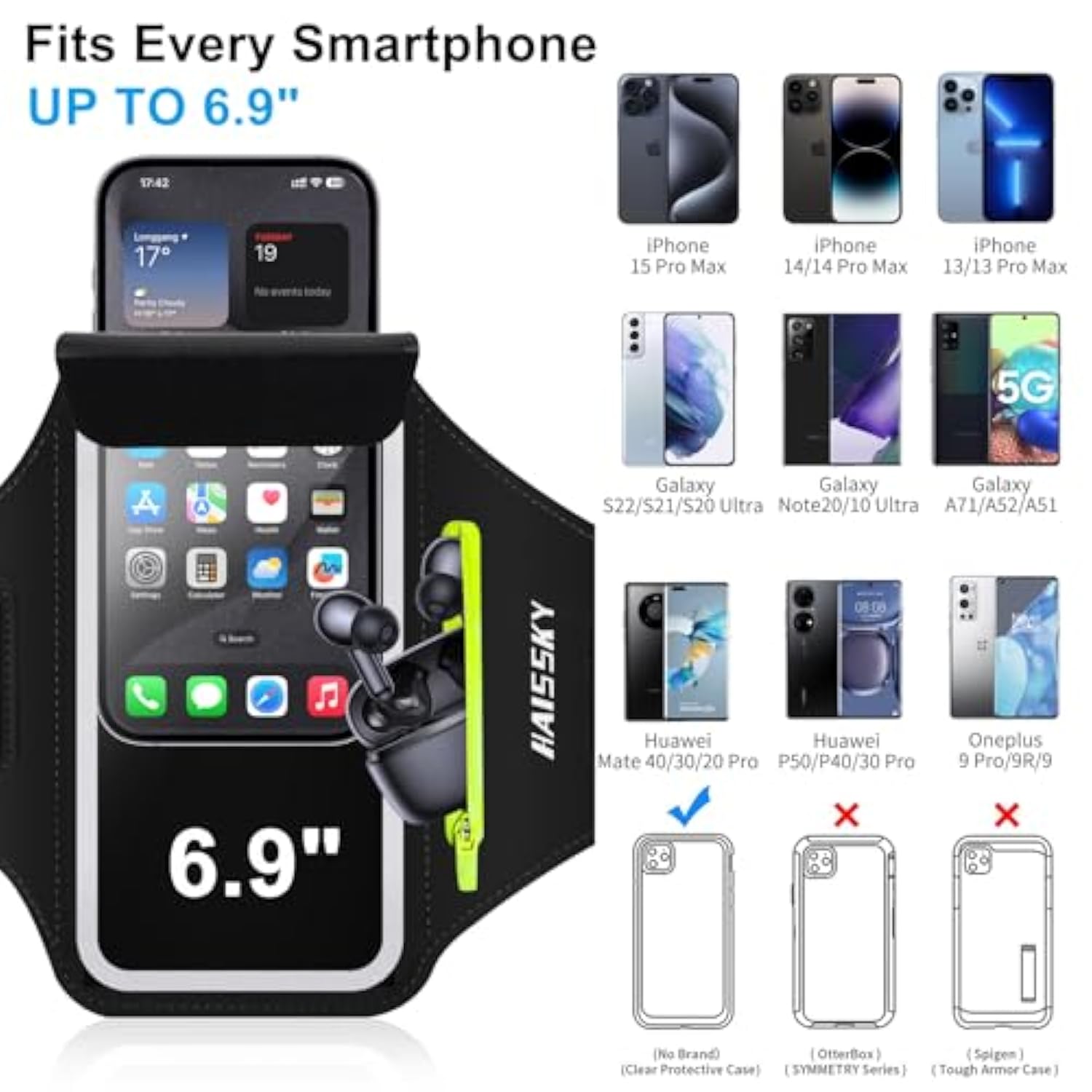 Running Armband with Zipper Pocket Sweatproof Phone Holder for iPhone Galaxy