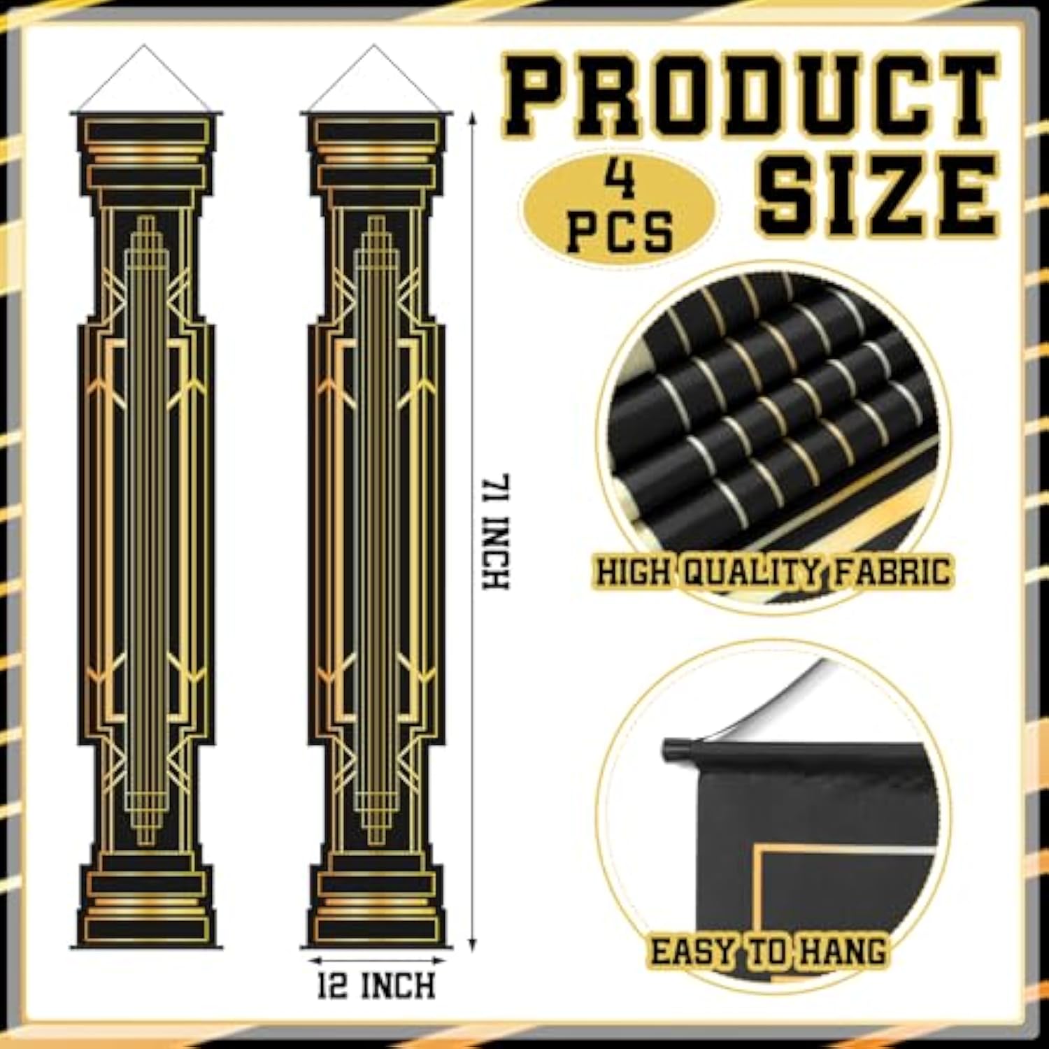4 Pcs Roaring 20S Party Decorations Black And Gold Column Door Porch Banner 1920S Hanging Banner Speakeasy Awards Wedding Decorations Supplies