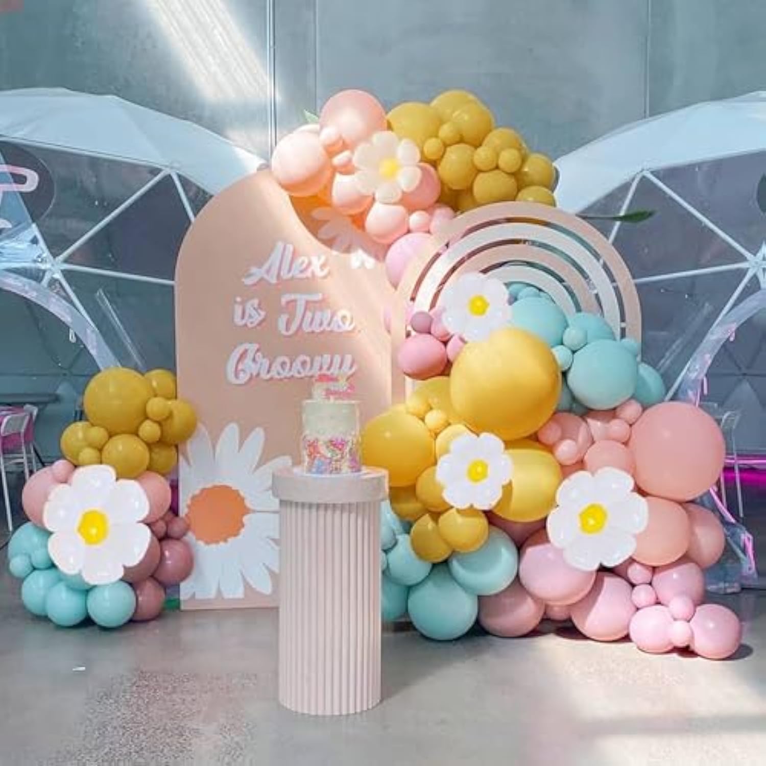 Pastel Balloon Arch Kit, Daisy Balloon Arch Garland With Macaron Pink Blue Purple Yellow Orange Rainbow Latex Balloons Daisy Flower Foil Balloons For Girls Women Birthday Pastel Party Decorations