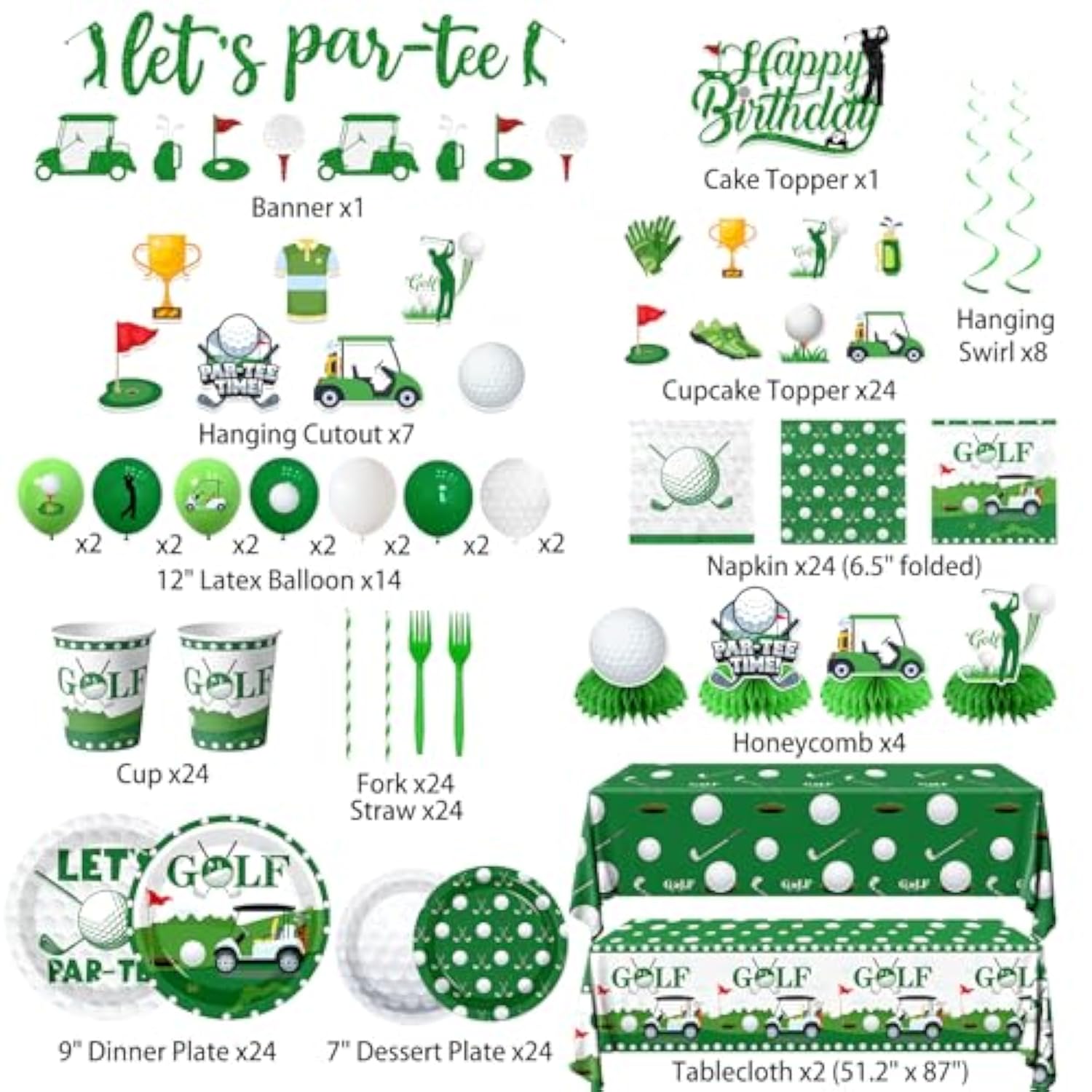 Golf Party Decorations, All-In-1 Golf Birthday Decorations With Balloons Let'S Par-Tee Plates Napkins Cake Toppers Honeycombs Tablecloths And Banner For Sports Themed Birthday Baby Shower, Serve 24