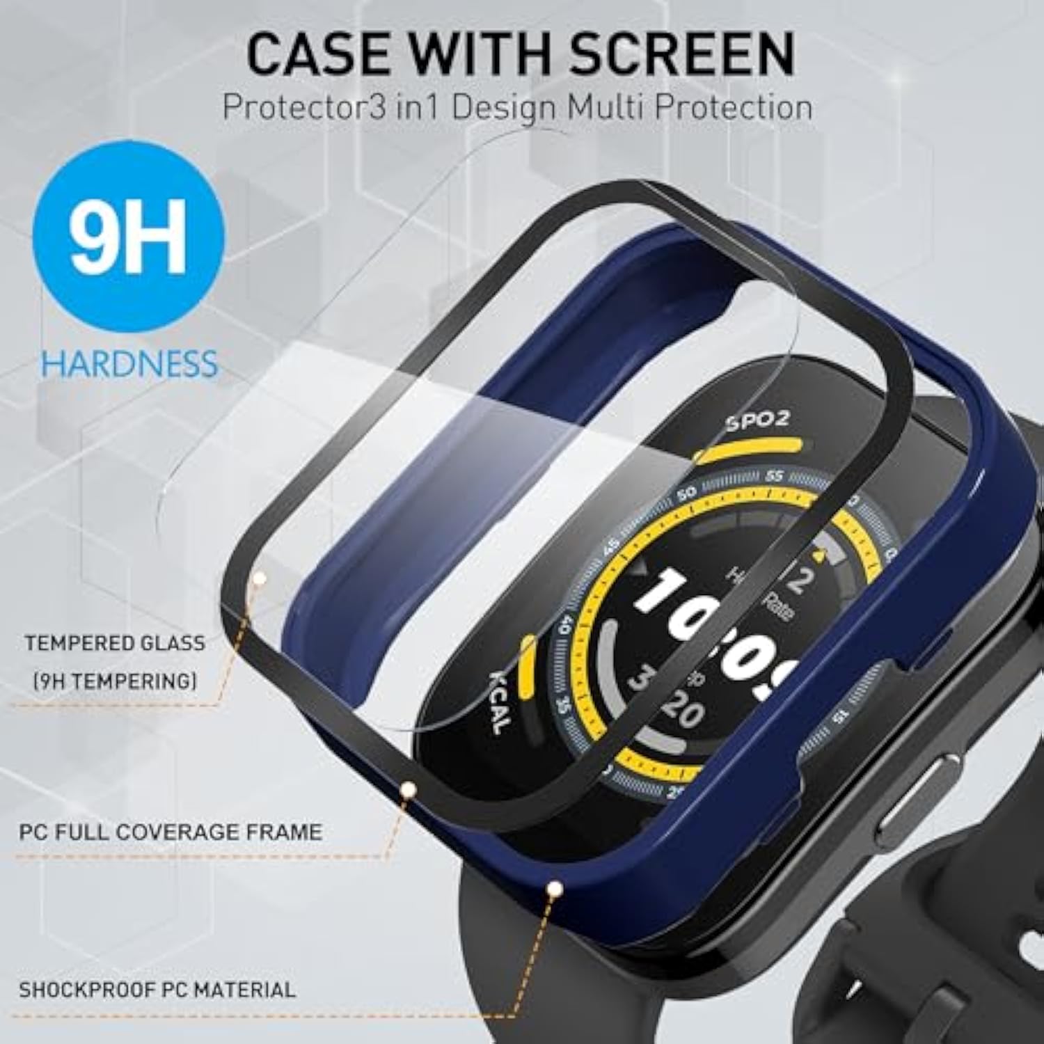 3-Pack For Amazfit Bip 5 Smartwatch Case, 9H Tempered Glass Screen Protector + Full Coverage Durable Pc Hard Protective Bumper Cover -Black+Blue+Green