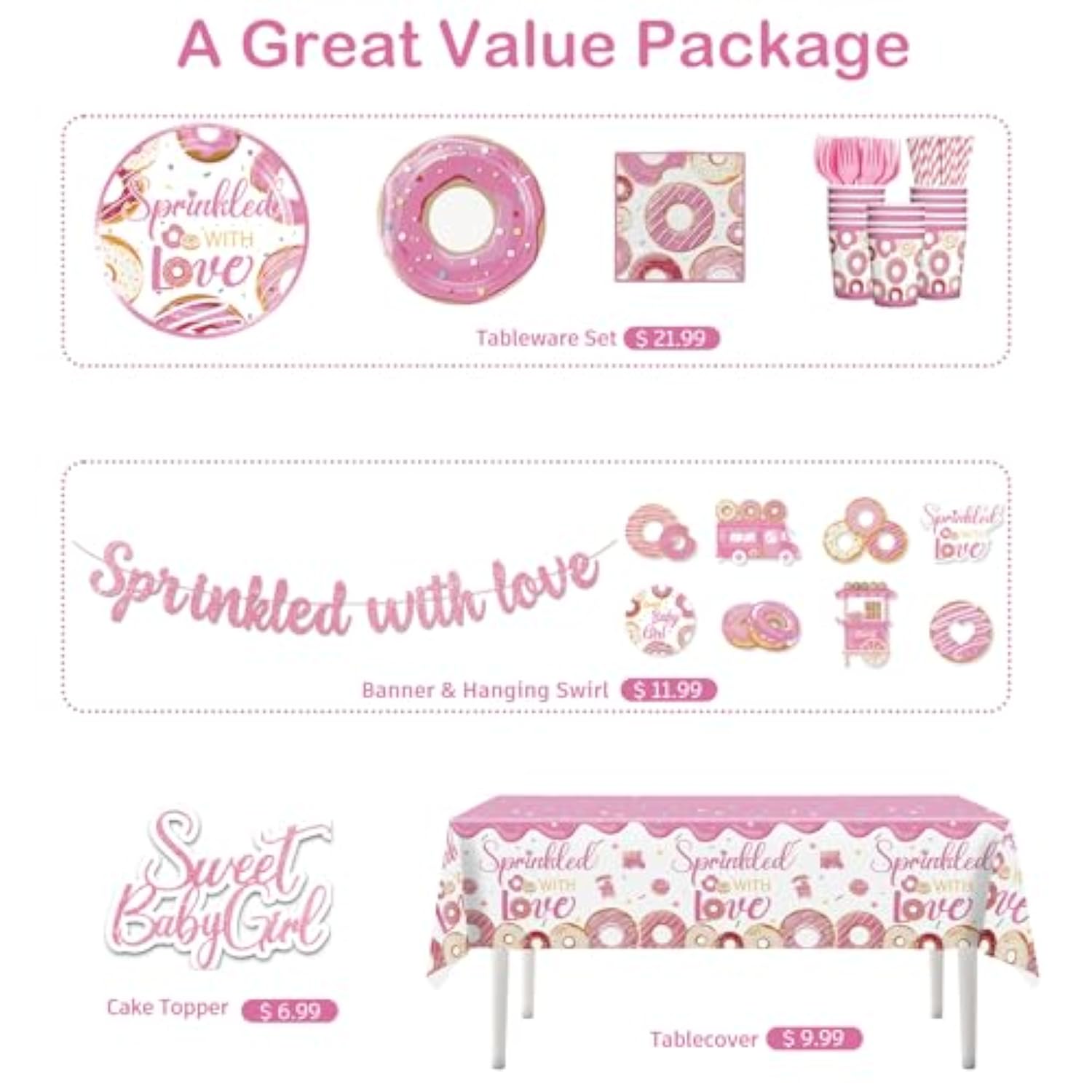 140Pcs Baby Sprinkle Decorations For Girl, Disposable Paper Tableware Includes Pre-Threaded Banner 40 Plates 2 Tablecloths, 20-Pack Tableware Suitable For Sprinkled With Love Baby Shower