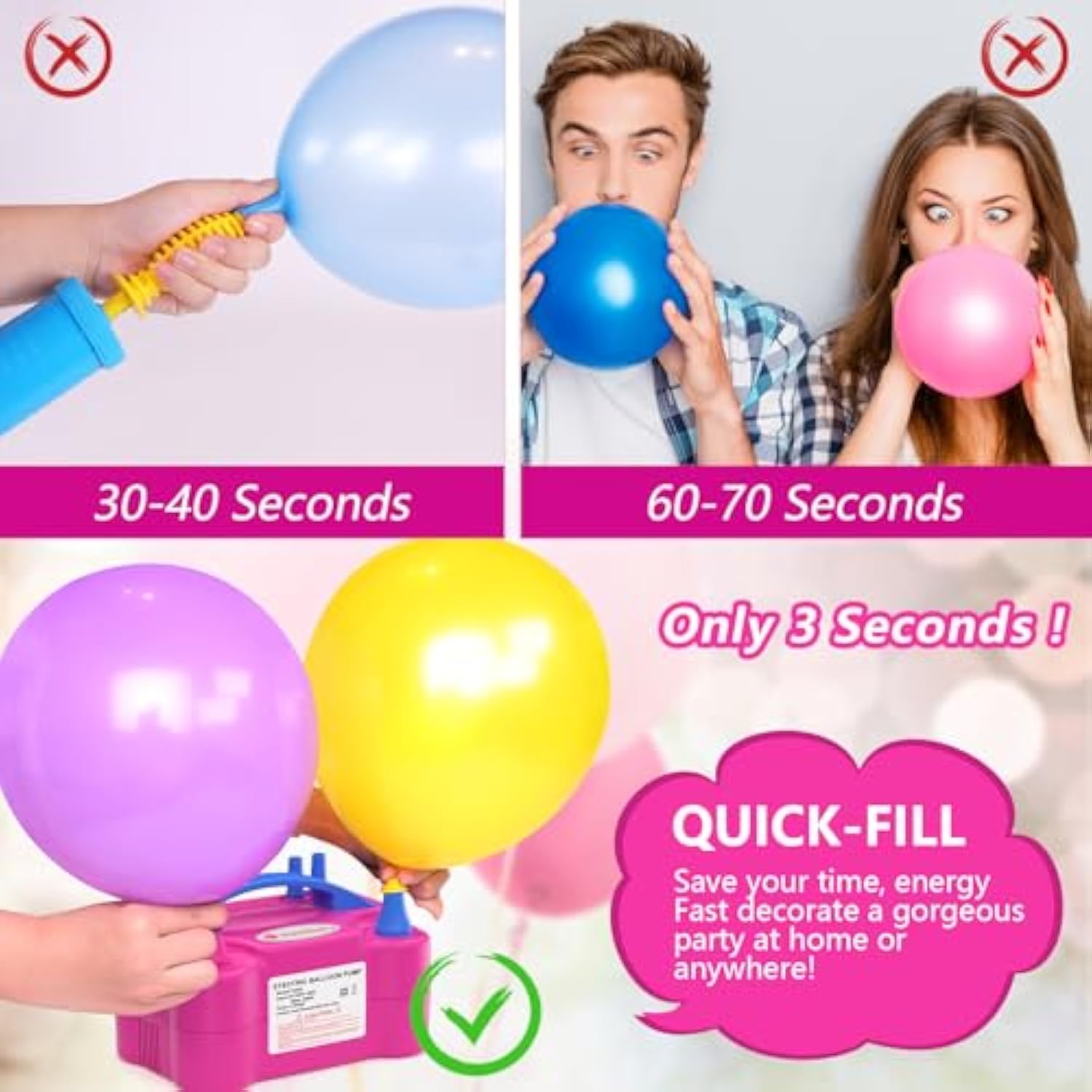 Idaodan Electric Balloon Pump, Portable Electric Balloon Blower Machine Balloon Air Pump Dual Nozzle Rose Red 110V 600W Balloon Inflator For Party Decorations