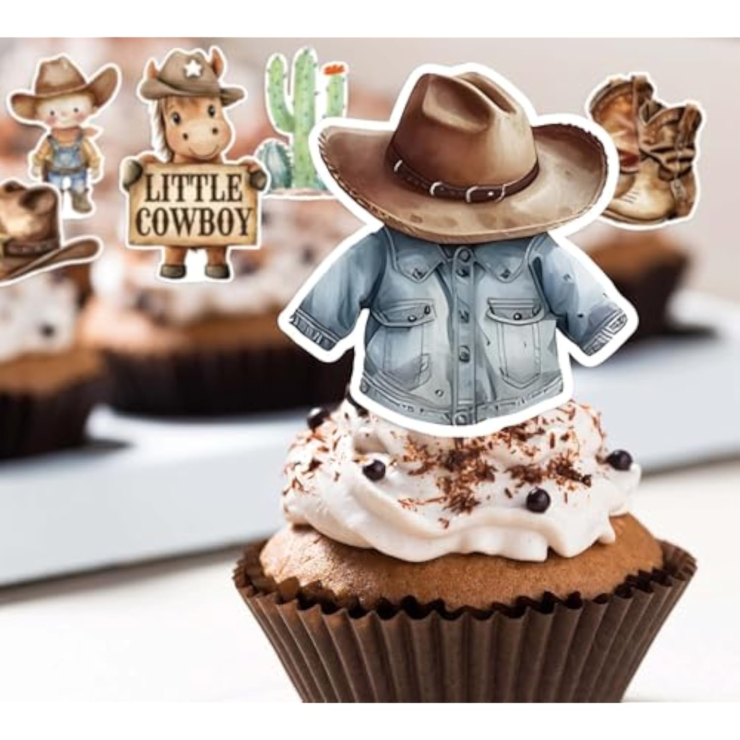 48Pcs Little Cowboy Baby Shower Cupcake Toppers - My First Rodeo Decorations Boy, A Little Cowboy Is On The Way Party Decor