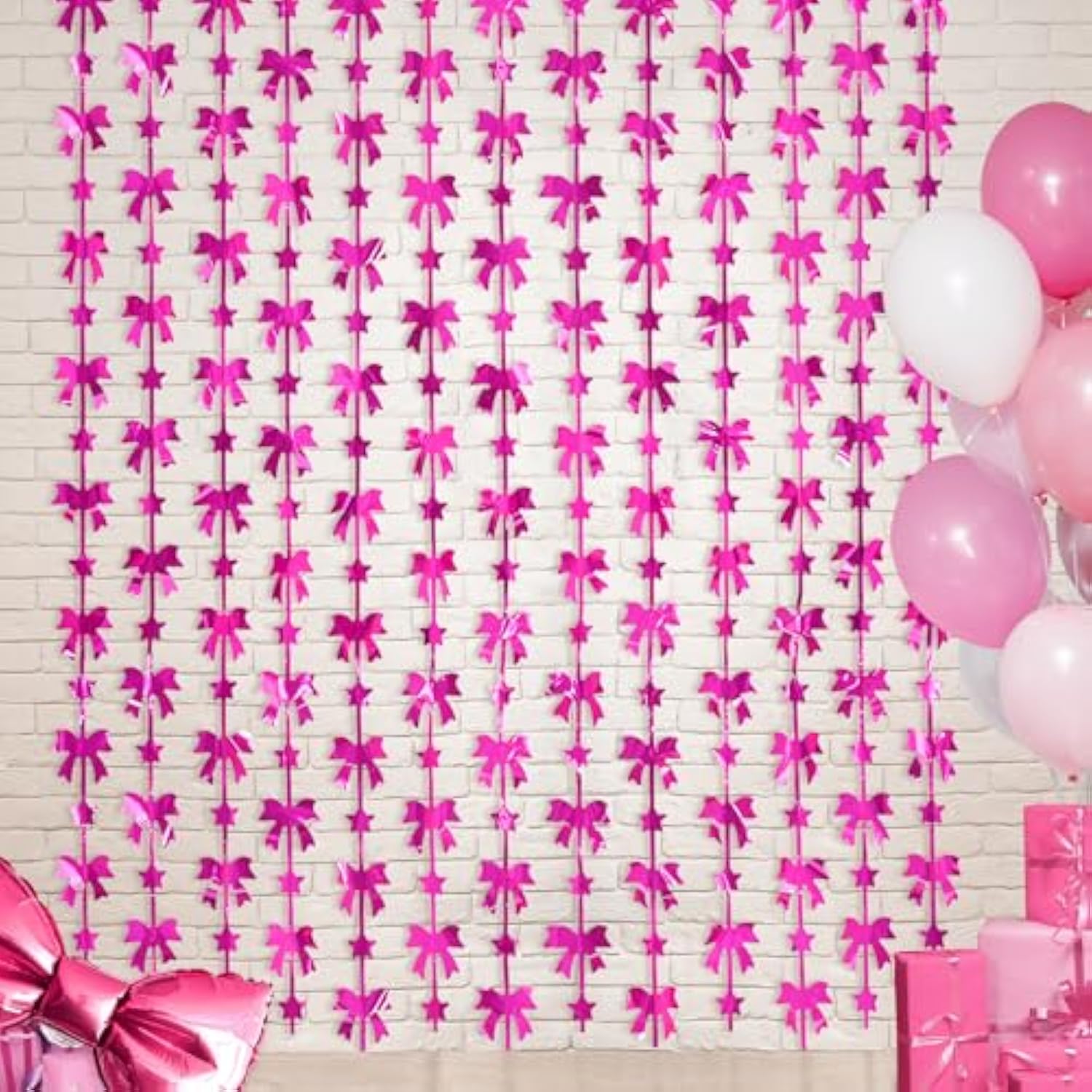 Hot Pink Bow Party Decor 2-Pack Foil Fringe Curtains Photo Booth Backdrop