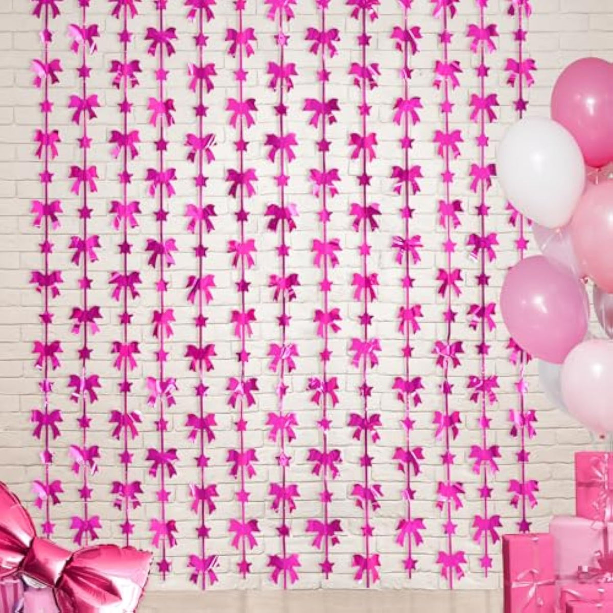 Hot Pink Bow Party Decor 2-Pack Foil Fringe Curtains Photo Booth Backdrop