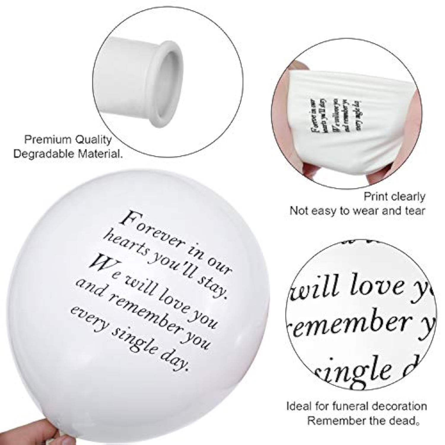 50 White Memorial Balloons with 3 Ribbons – Remembrance Balloons for Funeral or Sky Release