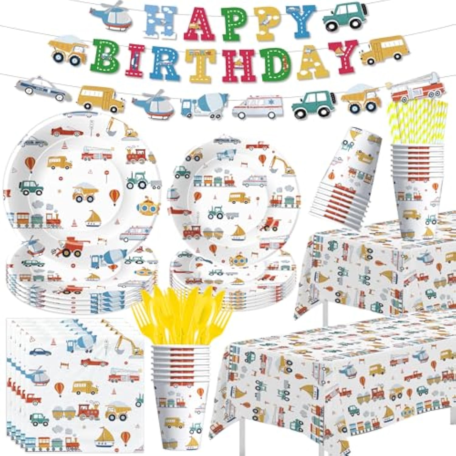 Transportation Birthday Decorations, Traffic Transportation Party Supplies Tableware, Plate, Napkin, Cup, Cutlery, Tablecloth, Banner, Truck Car Construction Vehicle Party Decorations, Serve 24
