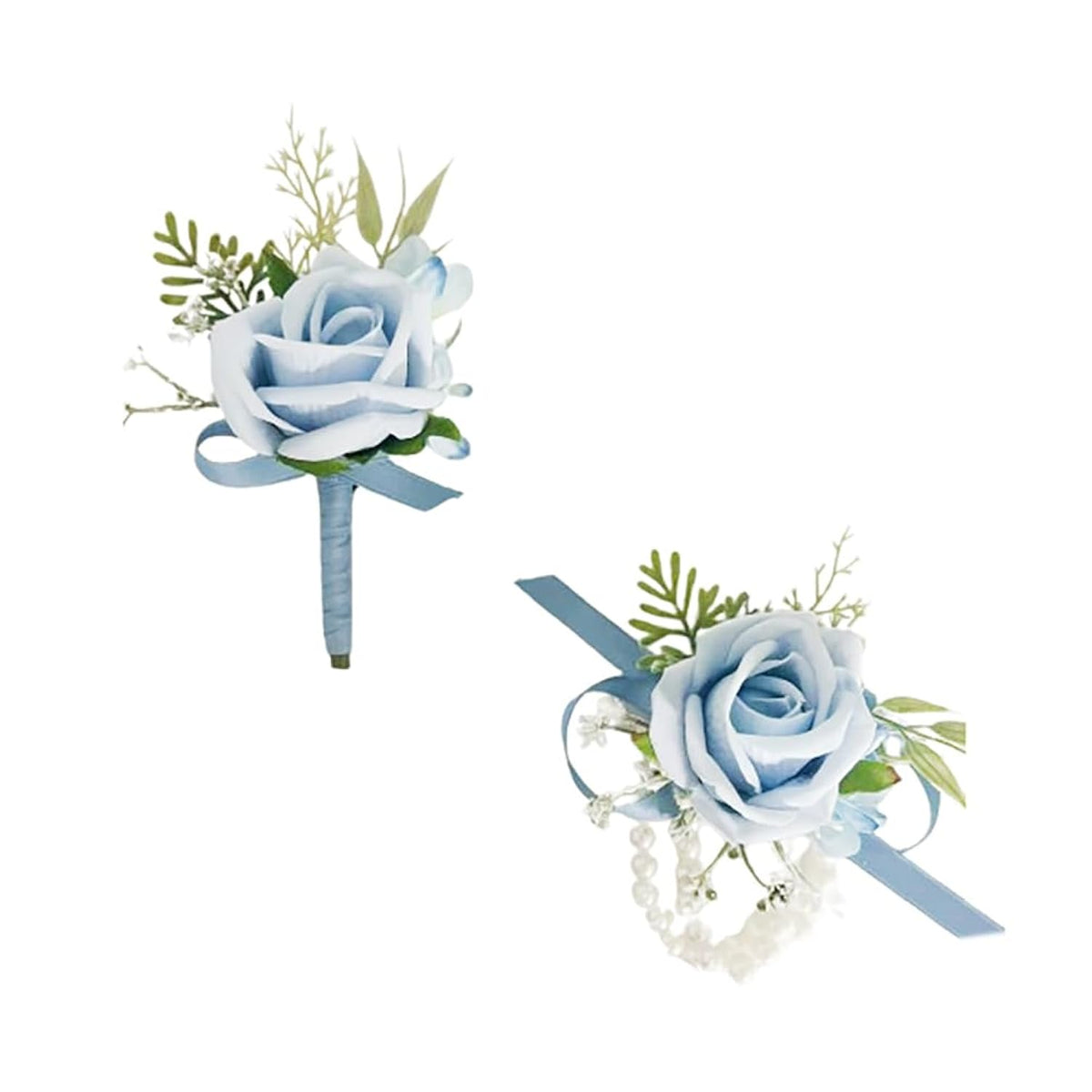 Light Blue Corsage And Boutonniere Set For Wedding Prom, Artificial Rose Babysbreath Flower Wrist Corsage Bracelets, Homecoming Corsage Wristlet, Boutonniere For Men Wedding Suit Decorations