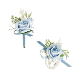 Light Blue Corsage And Boutonniere Set For Wedding Prom, Artificial Rose Babysbreath Flower Wrist Corsage Bracelets, Homecoming Corsage Wristlet, Boutonniere For Men Wedding Suit Decorations