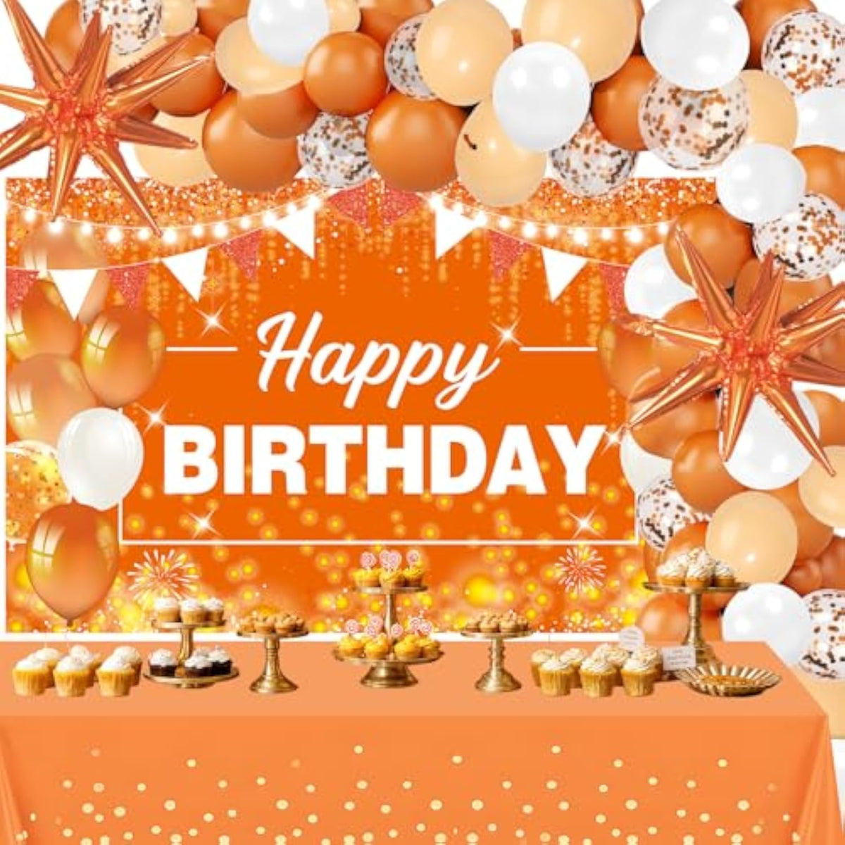 62PCS Orange Balloon Arch Kit with Happy Birthday Banner Star Foil Balloons for Party