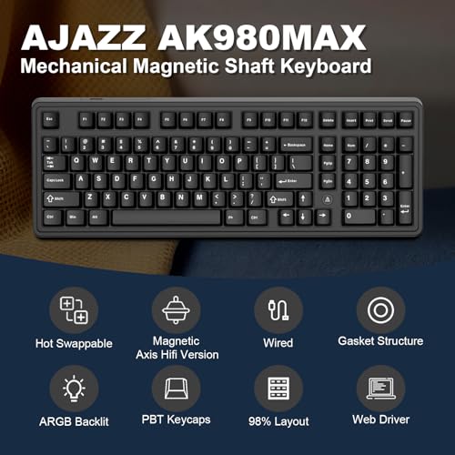 Ajazz Ak980Max Wired Magnetic Axis Mechanical Keyboard, 98% Hot-Swappable Custom Keyboard With Rgb Backlighting, Pre-Lubricated Switches, Abs Keycaps, Suitable For Mac/Win/Visa/Pc