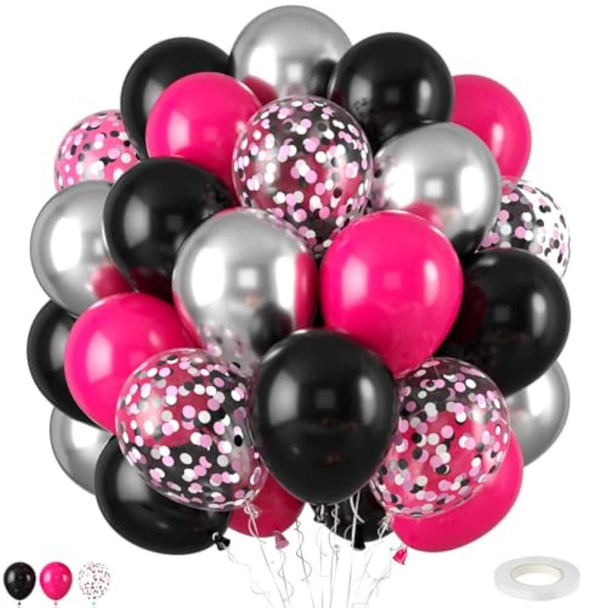 Hot Pink And Black Balloons,50Pcs 12 Inch Black Pink And Silver Confetti Balloons With Ribbon,For Girls Wedding Bridal Shower Birthday Party Decorations