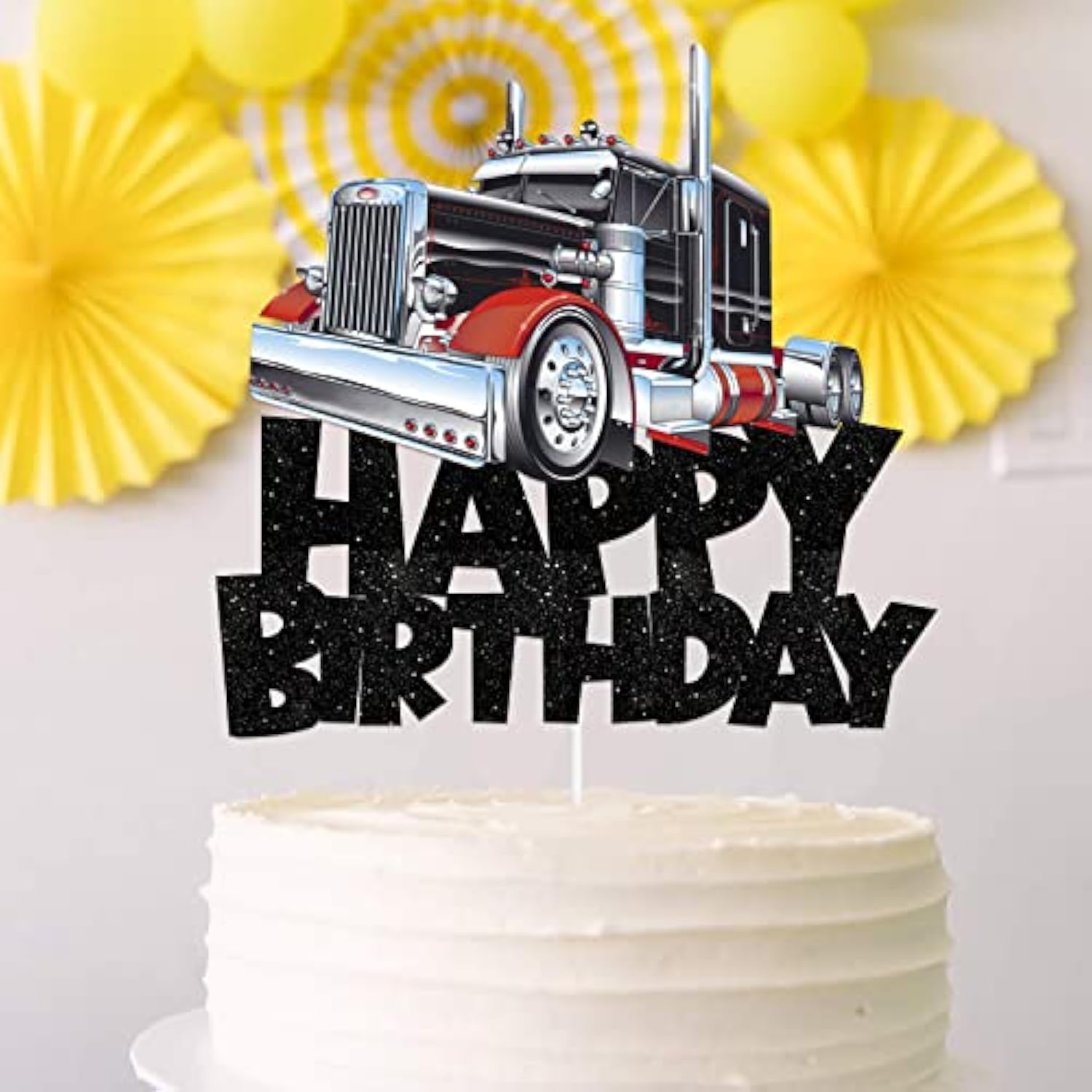 Truck car cake topper pick in black glitter for transportation-themed baby shower or birthday décor