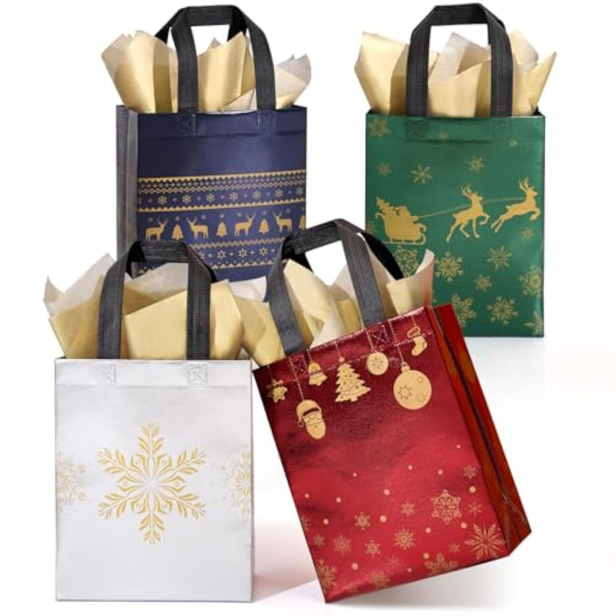 16 Pack 10" Christmas Gift Bags Medium Size With Tissue Paper, Reusable Non-Woven Christmas Tote Bags With Handles, Perfect For Holiday Gift Wrap/Party Favor Supplies, 10.2" × 8.3" × 4"
