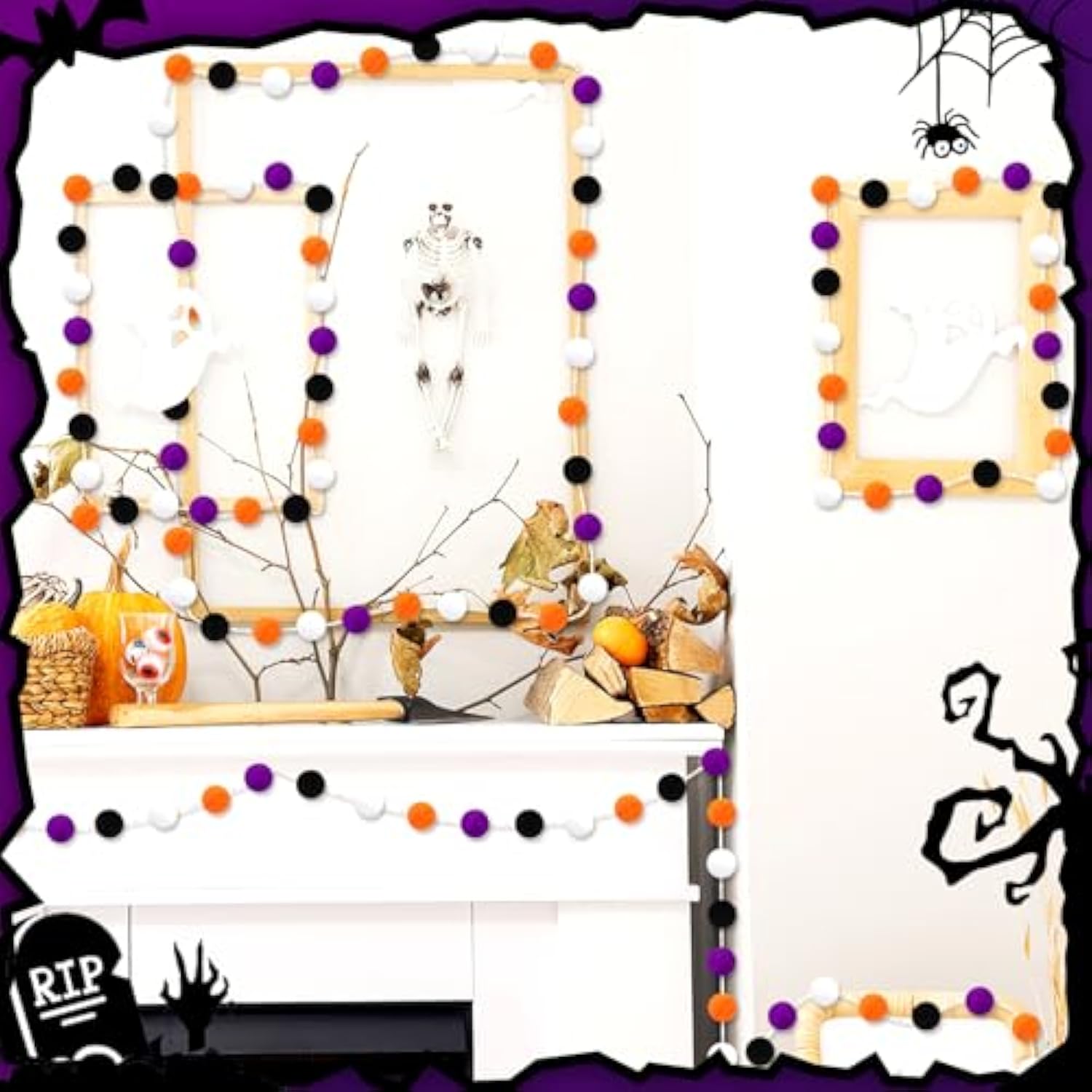 4 Pack 26.3FT Halloween Felt Ball Garlands Black Orange White Purple Pom Decor