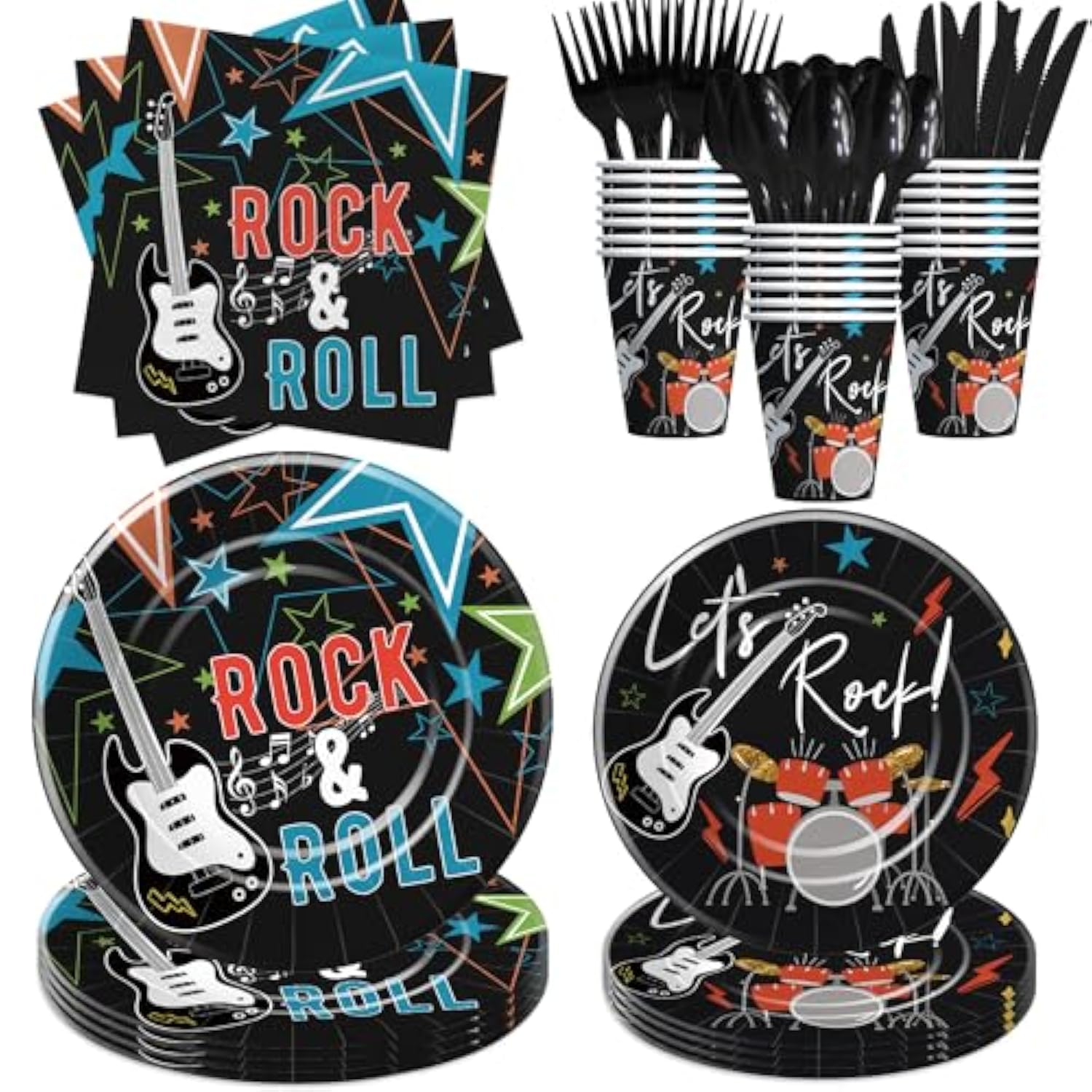 Rock And Roll Party Decorations Tableware - Rockstar Guitar Theme Rock N Roll Music Birthday Party Supplies, Paper Plate, Cup, Napkin, Disposable Cutlery | Serves 24