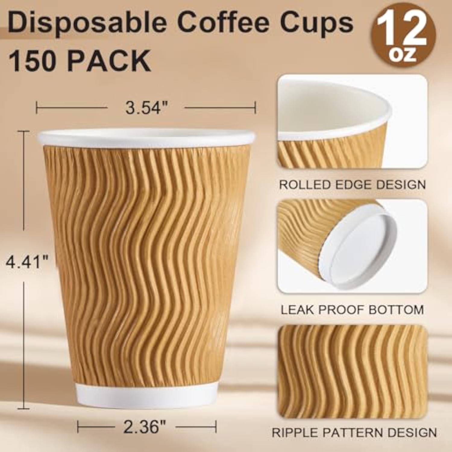 Coffee Cups 12 Oz 150 Pack, Insulated Ripple Wall Paper Coffee Cups 12 Oz, Disposable Coffee Cups, Hot Beverage/Cold Drinking Cups For Office,Home,Party,Cafe,Picnic,Travel (Champagne)