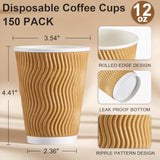Coffee Cups 12 Oz 150 Pack, Insulated Ripple Wall Paper Coffee Cups 12 Oz, Disposable Coffee Cups, Hot Beverage/Cold Drinking Cups For Office,Home,Party,Cafe,Picnic,Travel (Champagne)