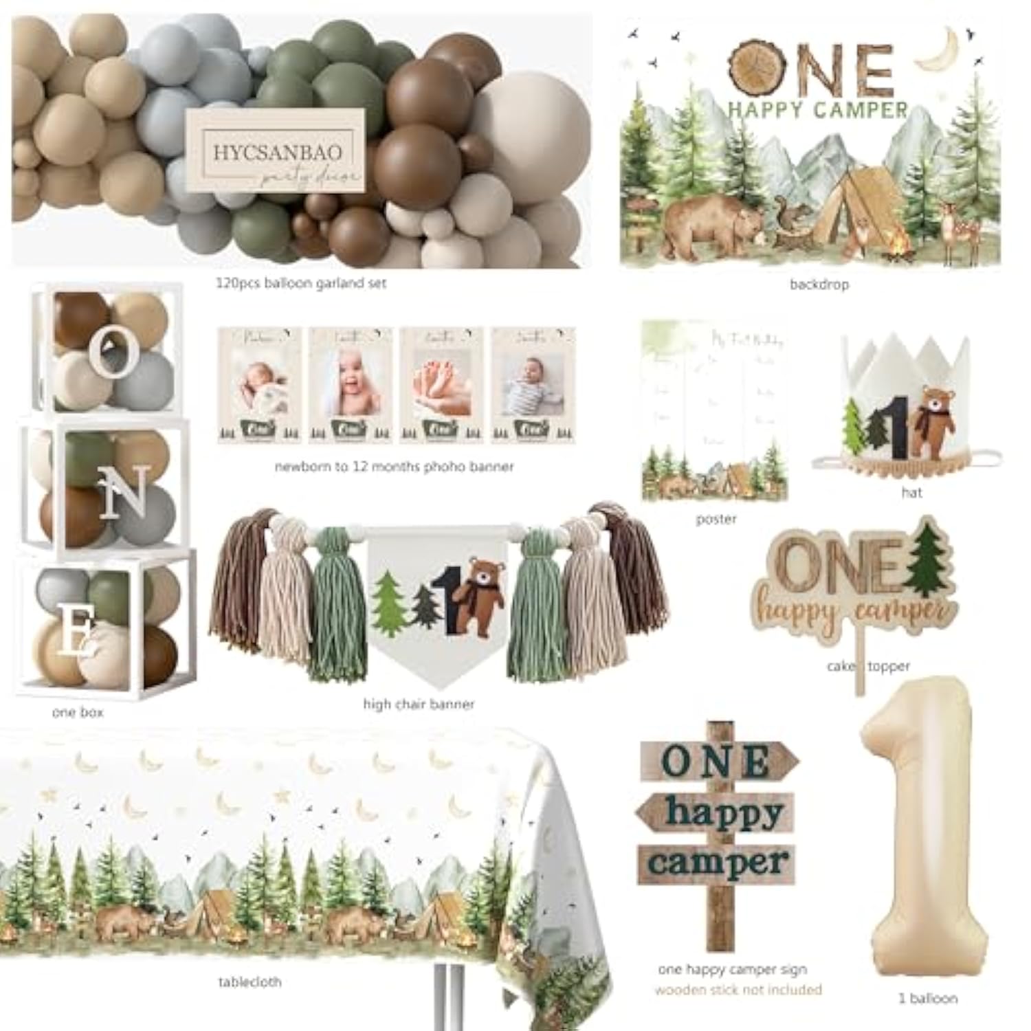 One Happy Camper Birthday Decorations, Camping 1St Birthday Party Supplies With Balloon Arch Balloon Box Backdrop High Chair Banner Crown Cake Topper Table Cloth