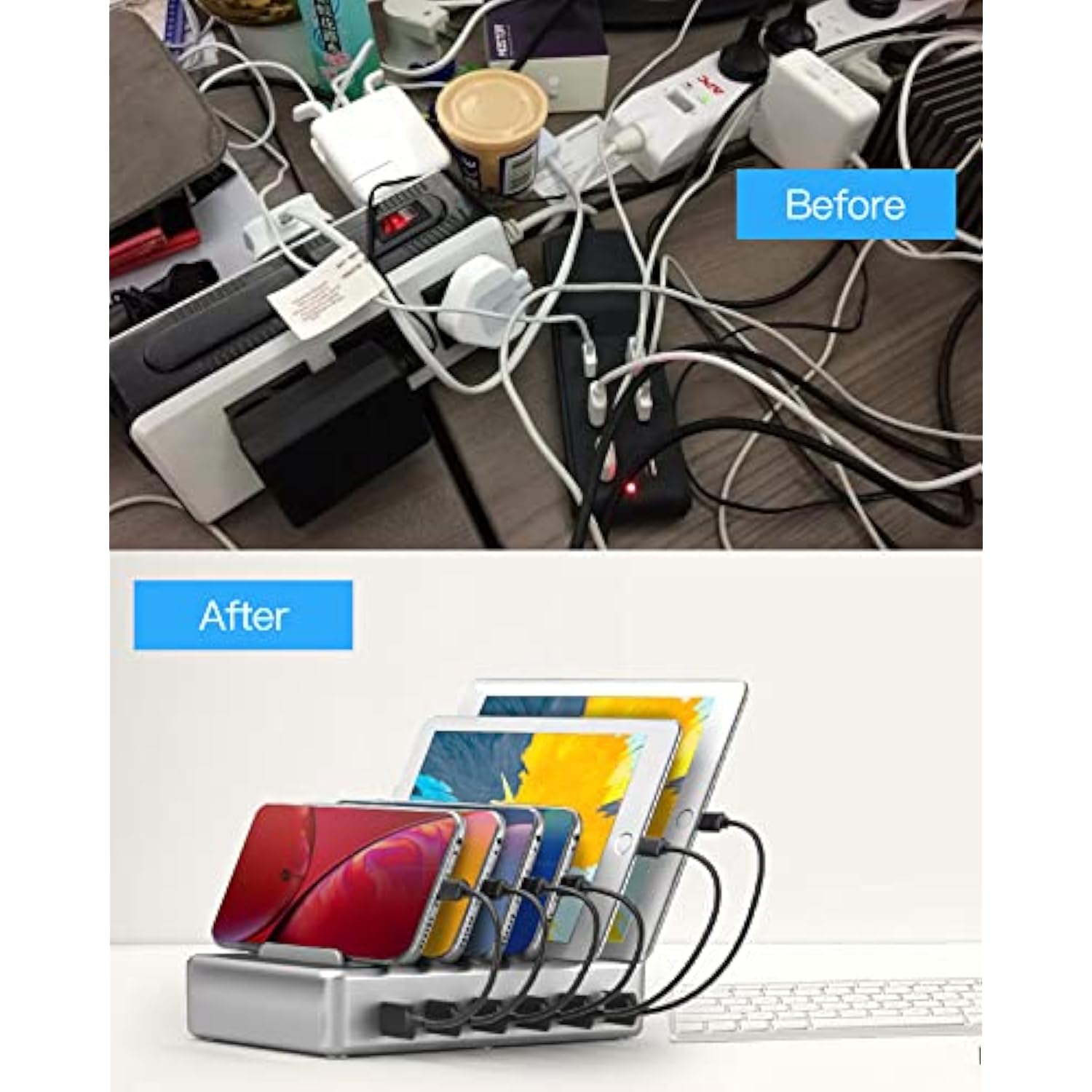 Charging Station For Multiple Devices - 6 Port Fast Charging Station For Iphone Ipad Android And Tablet - Multi Charging Stations - Phone Charging Stations With 6 Mixed Cables Included(Ul Certified)