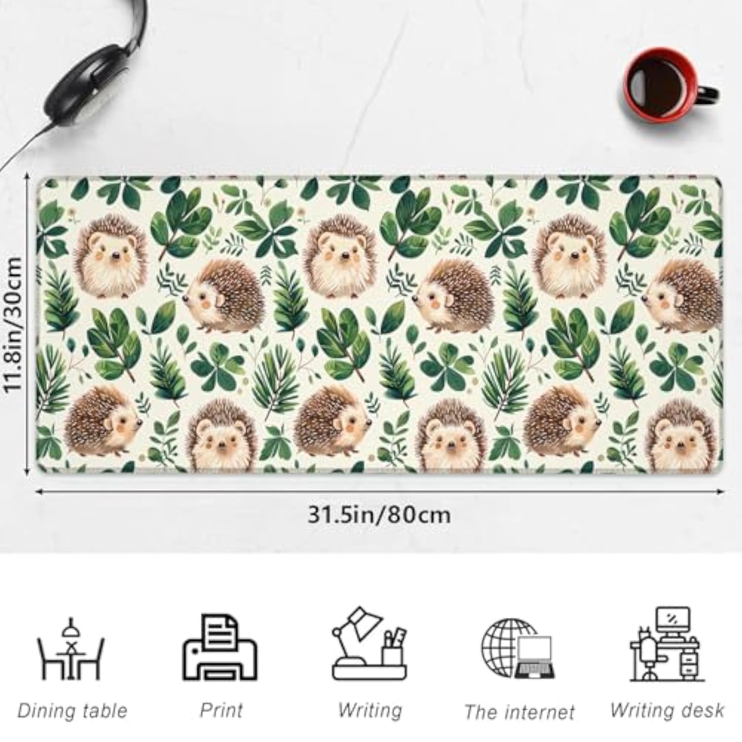 Cute Hedgehog Gaming Mouse Pad, 31.5"×11.8" Extended Desktop Mouse Pads For Keyboard Laptop Computer, Large Desk Mat With Stitched Edges For Work Office Desk Decor (Hedgehog & Leaves)
