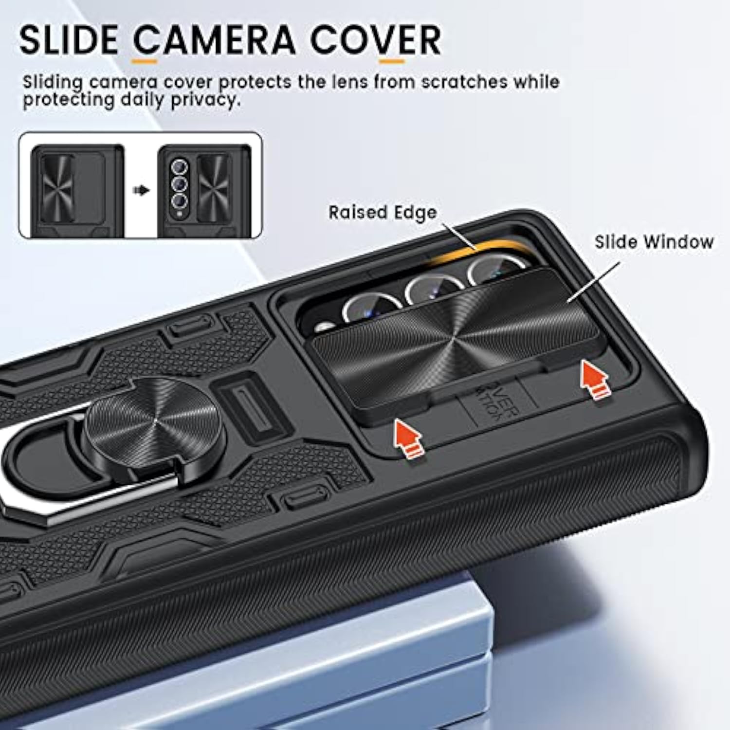 Galaxy Z Fold 3 Case With Slide Camera Lens Cover, Built-In Kickstand Ring Holder Tempered Glass Screen Protector, Magnetic Case For Samsung Z Fold 3 5G (Black)