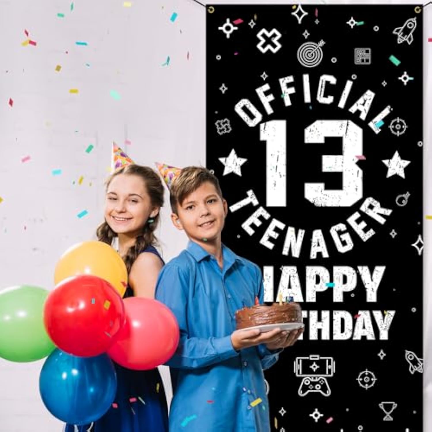 Official Teenager 13Th Birthday Decorations For Boys Girls - Fabric 13 Year Old Birthday Backdrop Banner, Yard Sign, Photo Props, Door Decor - Black White Birthday Party Supplies