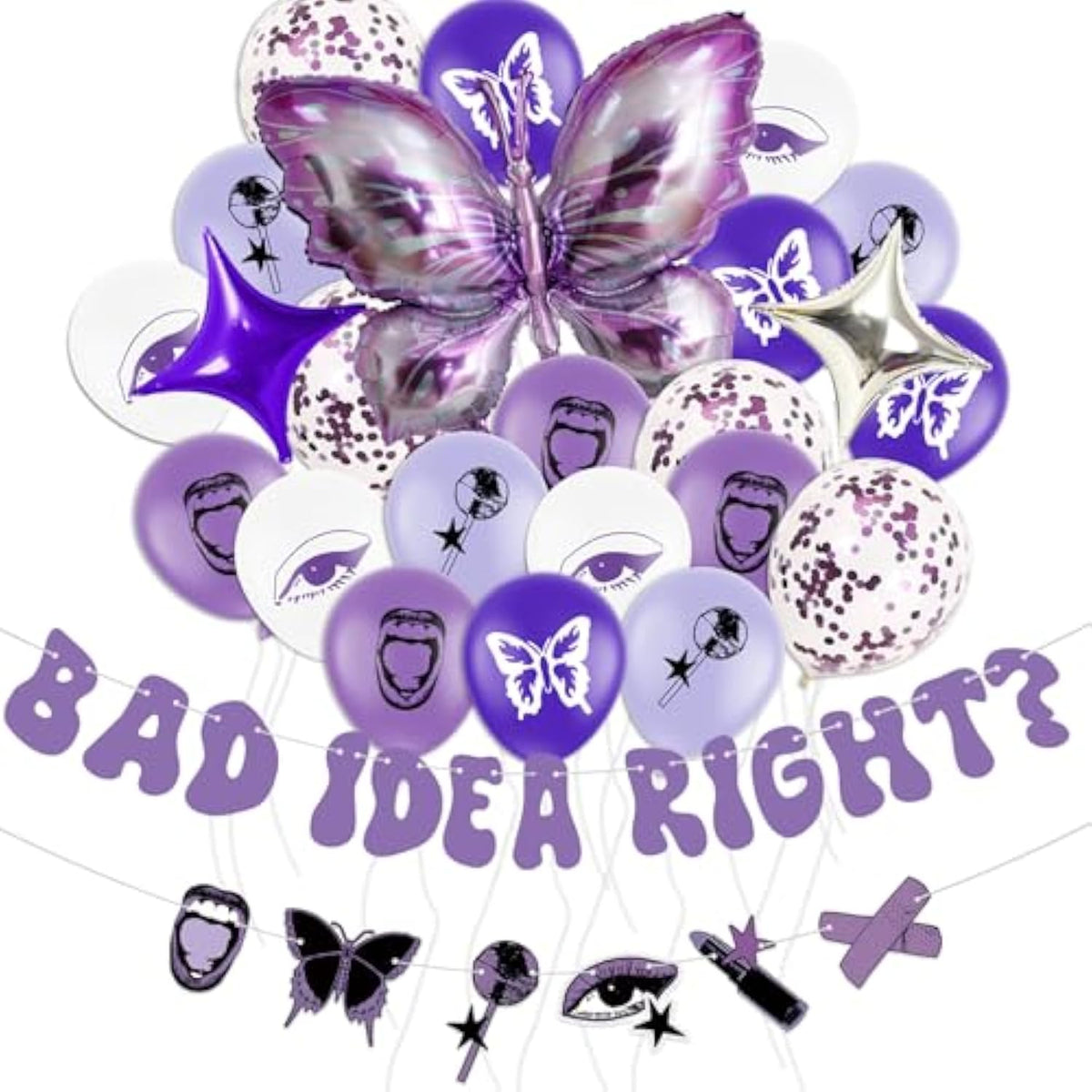 Purple Butterfly Party Decor with Bad Idea Right Banner and Printed Balloons