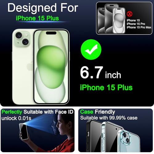 3 Pack Privacy Screen Protector For Iphone 15 Plus Tempered Glass With 3 Camera Lens Protector, Accessories 9H Anti Spy For Apple 15 Plus, 2.5D Curved, Case Friendly, Transparent